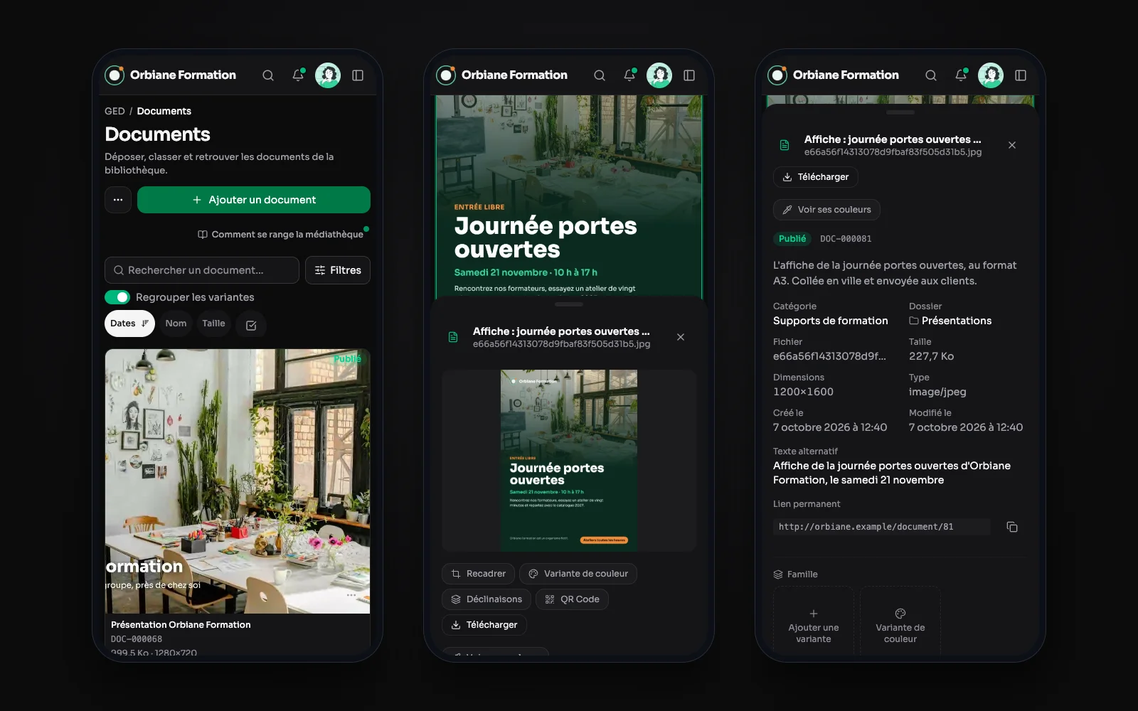 Trois écrans de téléphone : la médiathèque, un document touché et sa feuille, puis la feuille dépliée sur ses dates, son lien permanent et ses utilisations.