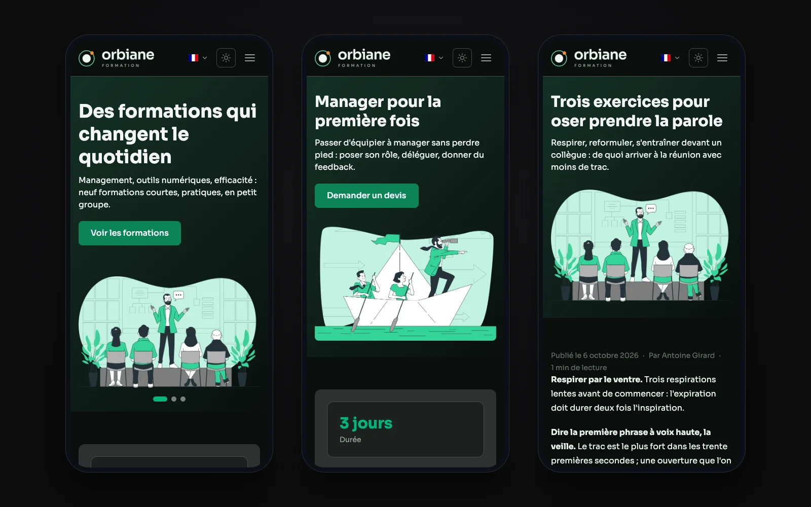 Trois téléphones côte à côte montrant l'en-tête de trois pages d'un site de démonstration : l'accueil, une formation et un article.