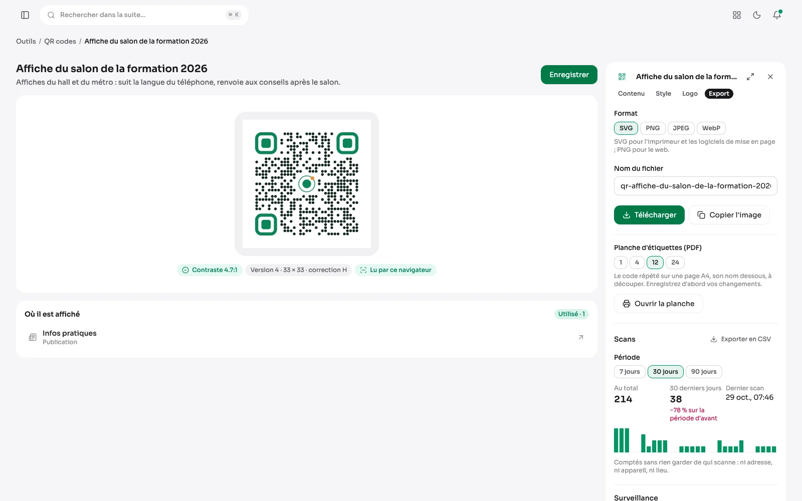L'onglet Export d'un code dynamique : formats, planche d'étiquettes et scans des quatre-vingt-dix derniers jours