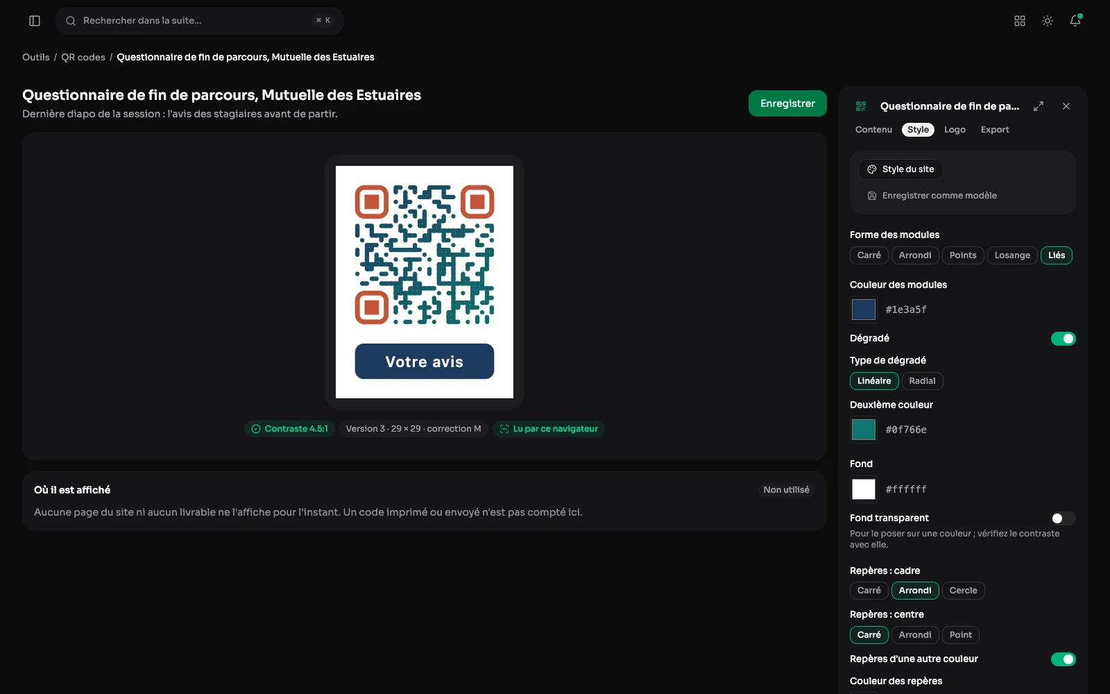 L'éditeur d'un QR code : l'aperçu au centre, lu par le navigateur, et l'onglet Style du panneau à droite