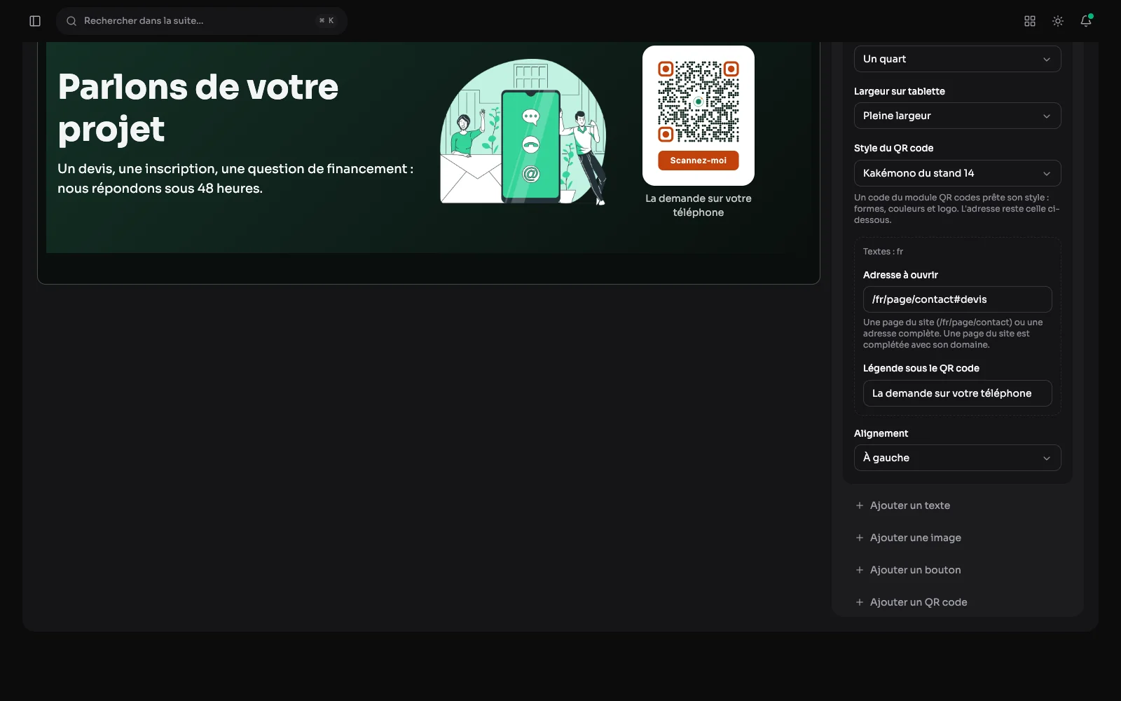 L'éditeur de l'en-tête d'une page Contact : l'aperçu montre un QR code « Scannez-moi » à côté de l'illustration, et le panneau règle sa largeur, son style emprunté à un code enregistré, son adresse et sa légende.