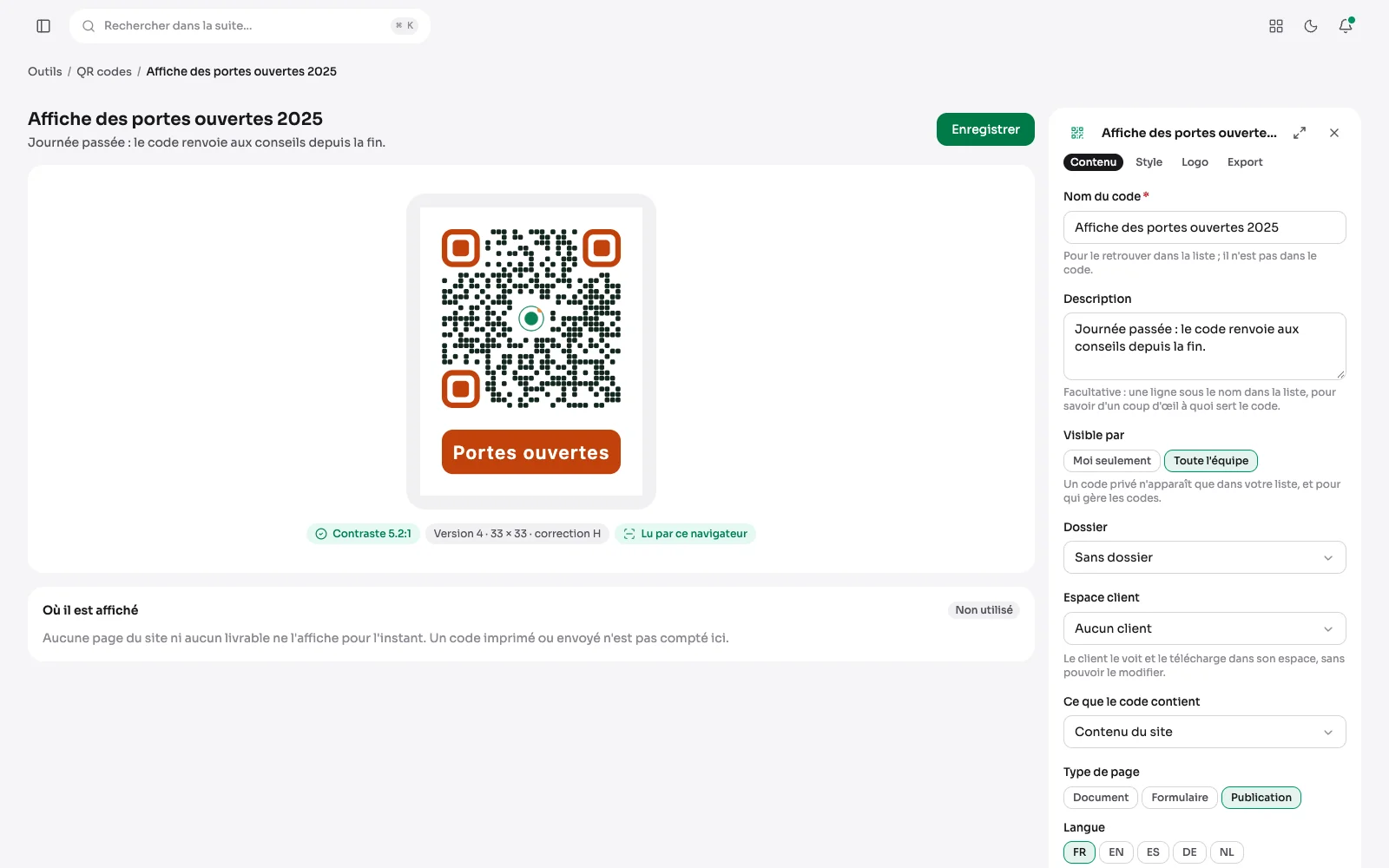 L'onglet Contenu d'un code qui ouvre une page du site : le type Document choisi et l'affiche des portes ouvertes cochée