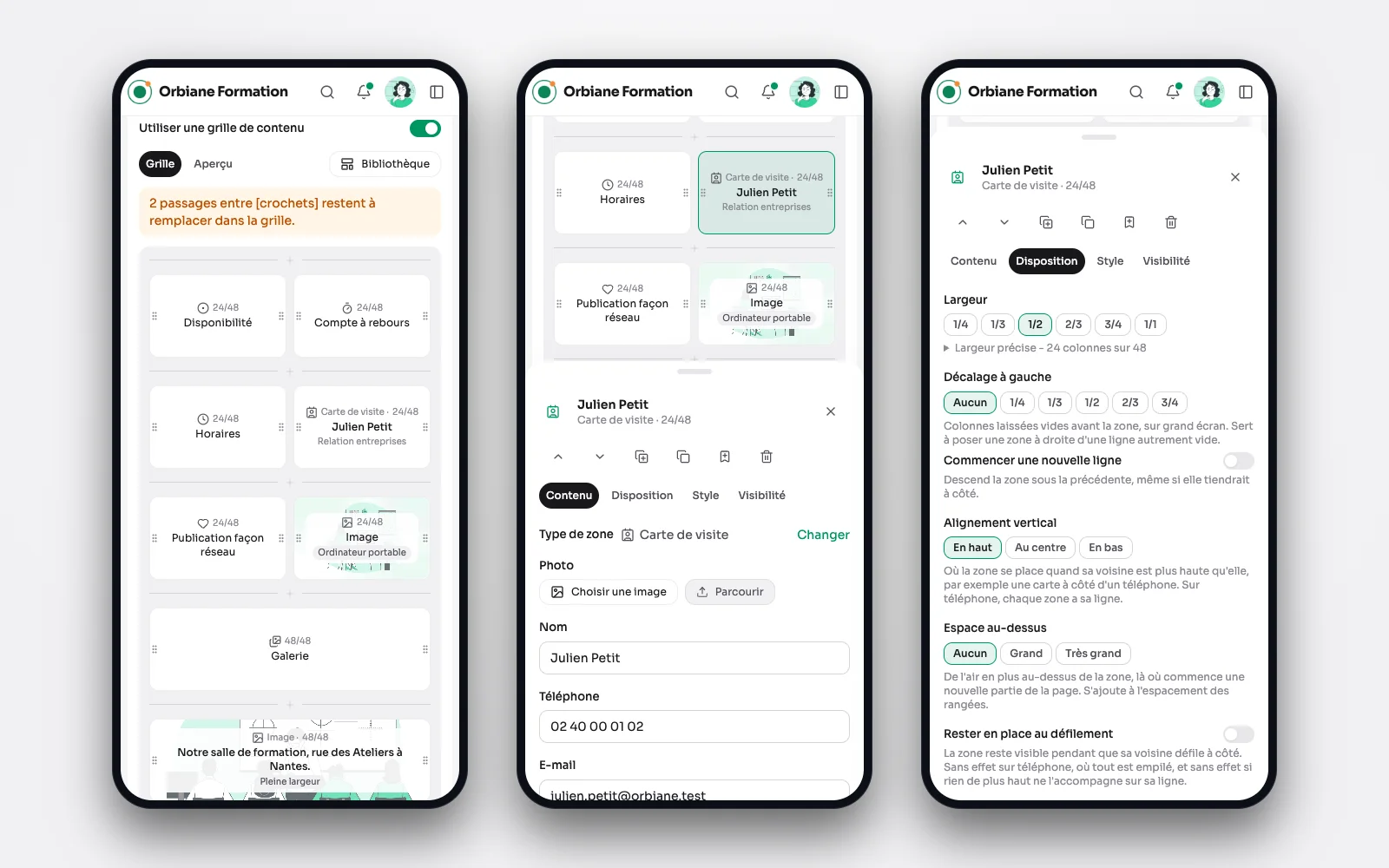 Trois écrans de téléphone : la grille, une carte de visite touchée et sa feuille à mi-hauteur, puis la feuille dépliée sur l'onglet Disposition.
