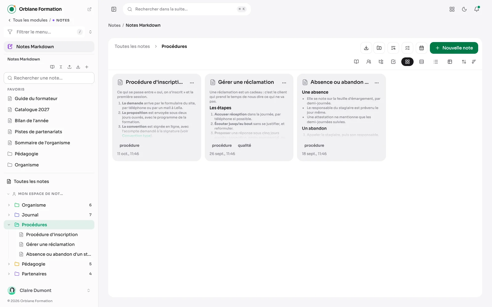 Le panneau par espace : son carnet d'abord, puis un espace partagé avec toute l'équipe, marqué comme publié.