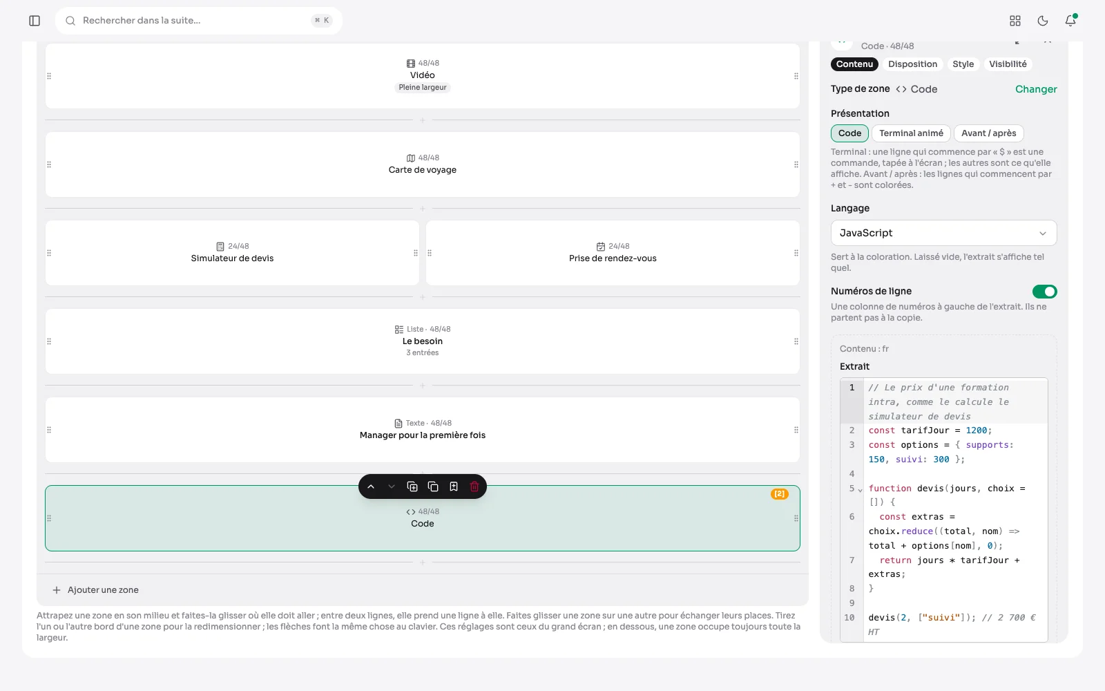 Le panneau d'une zone Code : le langage JavaScript choisi et l'extrait coloré, avec ses numéros de ligne.