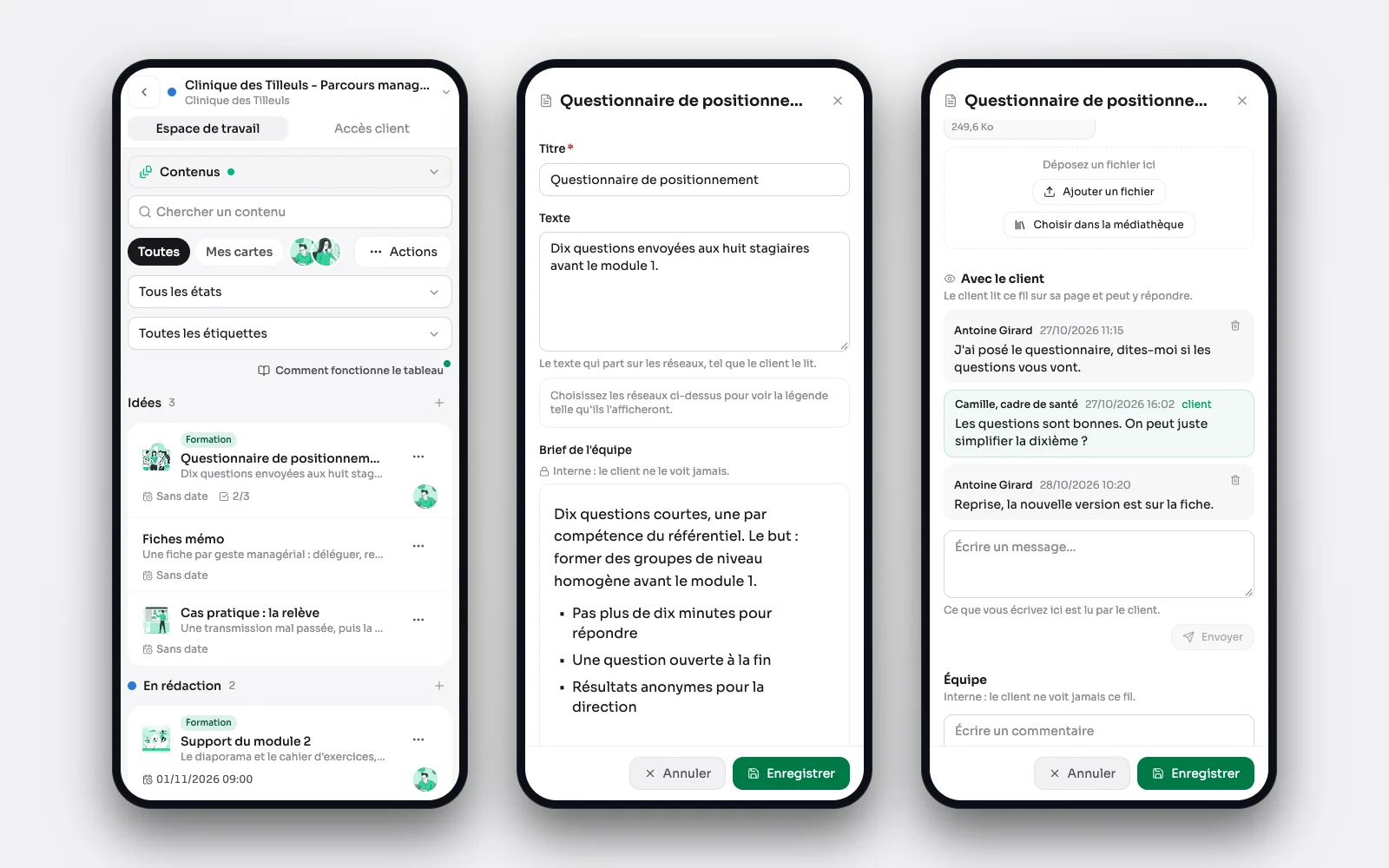 Drie telefoonschermen: de items van een omgeving als lijst, een aangetikte kaart in haar venster, daarna hetzelfde venster verderop, bij de draad met de klant.