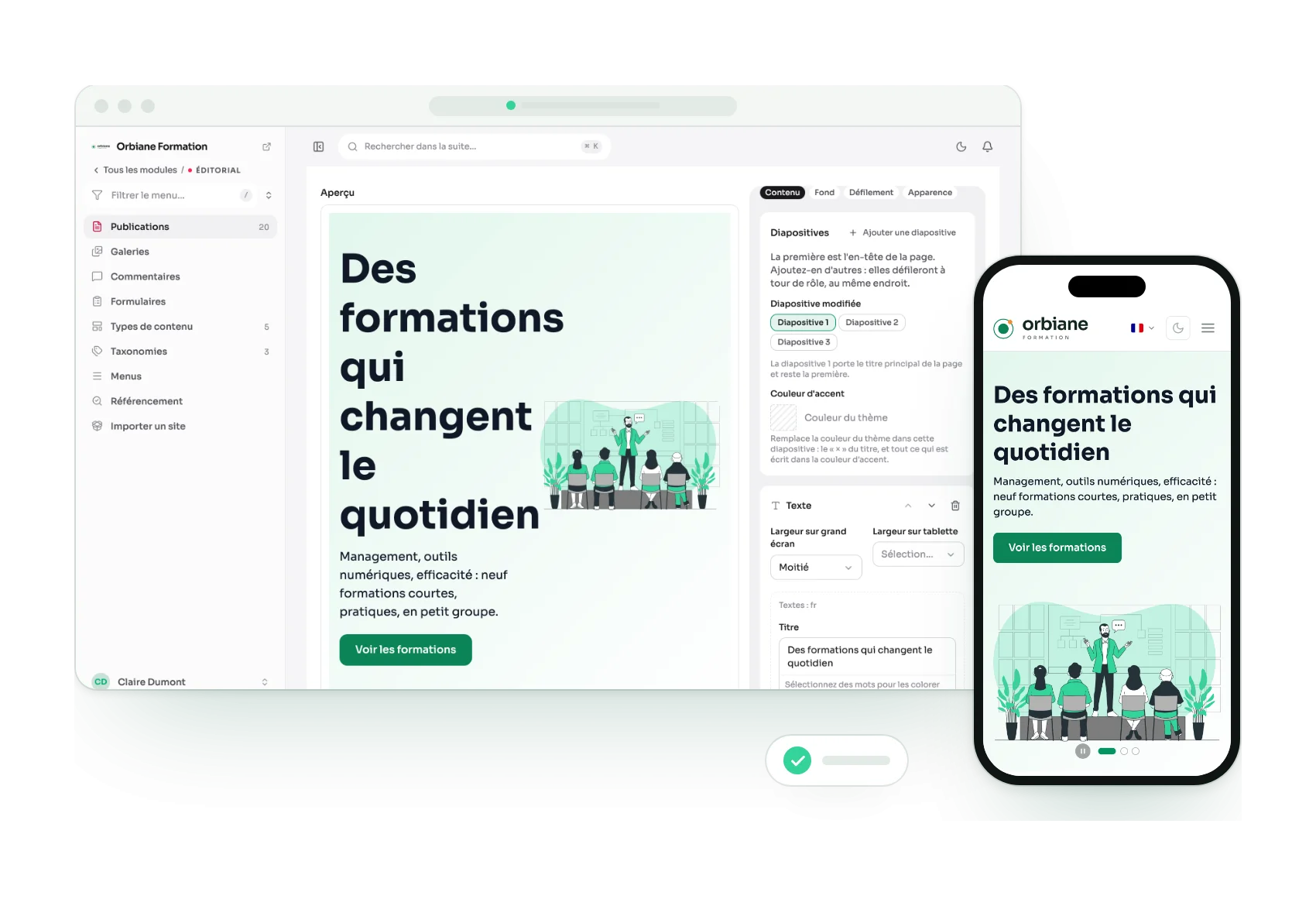 La suite d'Aurora en thème clair, et la même page publiée, sur ordinateur et sur téléphone.