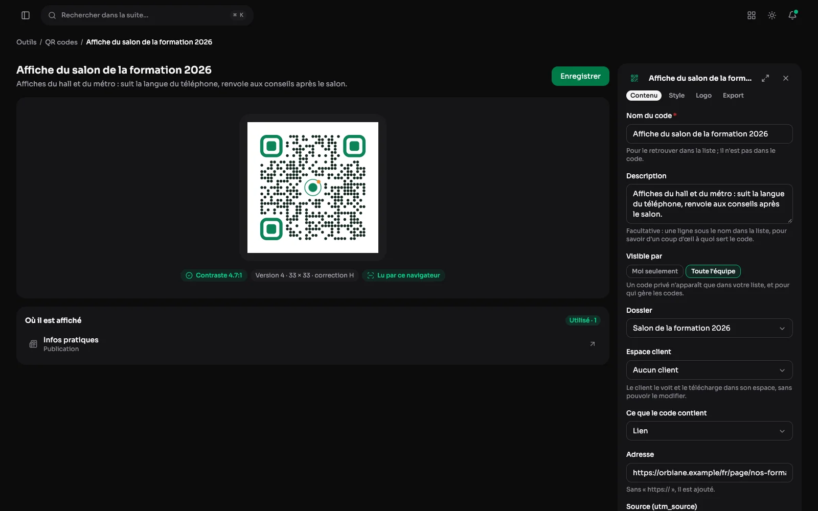 L'éditeur d'un QR code avec sa description sous le titre, et le panneau « Où il est affiché » qui liste la page du site qui l'utilise.