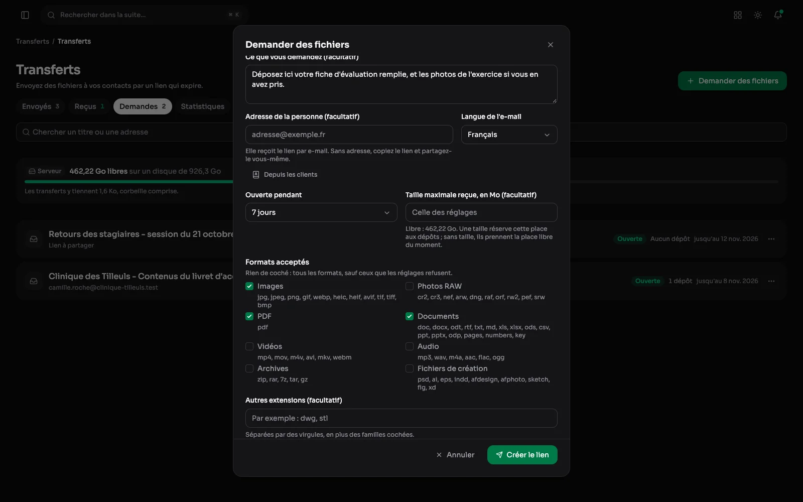 La fenêtre d'une demande de fichiers, avec les familles de formats Images, PDF et Documents cochées.
