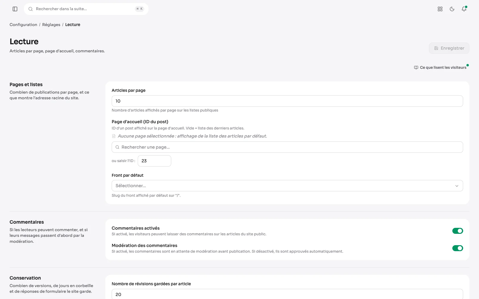 Réglages > Lecture : articles par page, commentaires, révisions, purge de la corbeille, conservation et page d'accueil.
