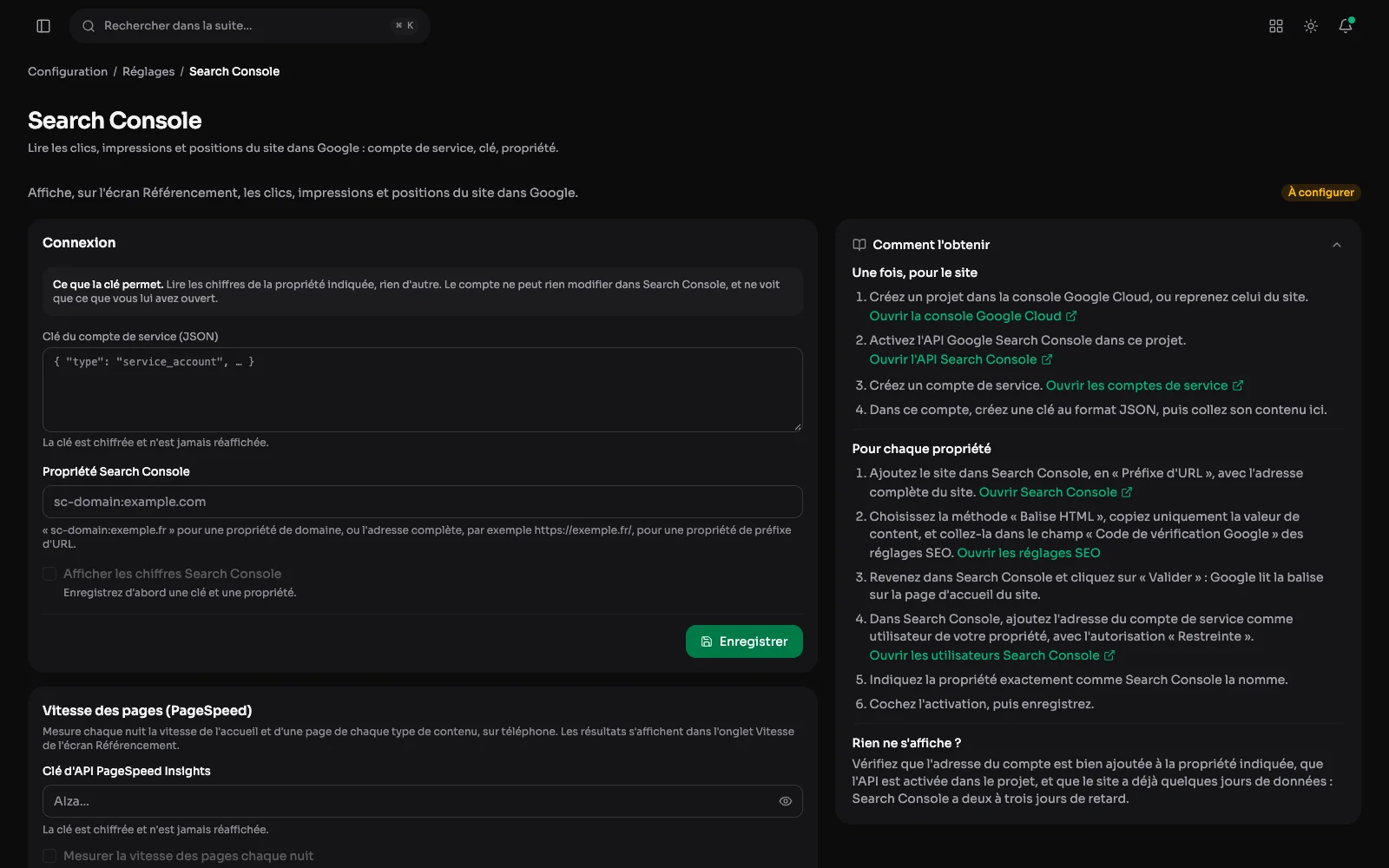 L'onglet Search Console des réglages d'Aurora : la clé du compte de service, la propriété, et le guide pour le site puis pour chaque propriété.