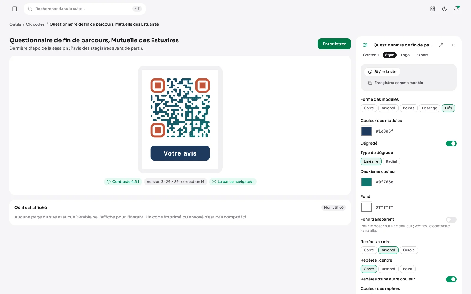 L'éditeur d'un QR code : l'aperçu au centre, lu par le navigateur, et l'onglet Style du panneau à droite