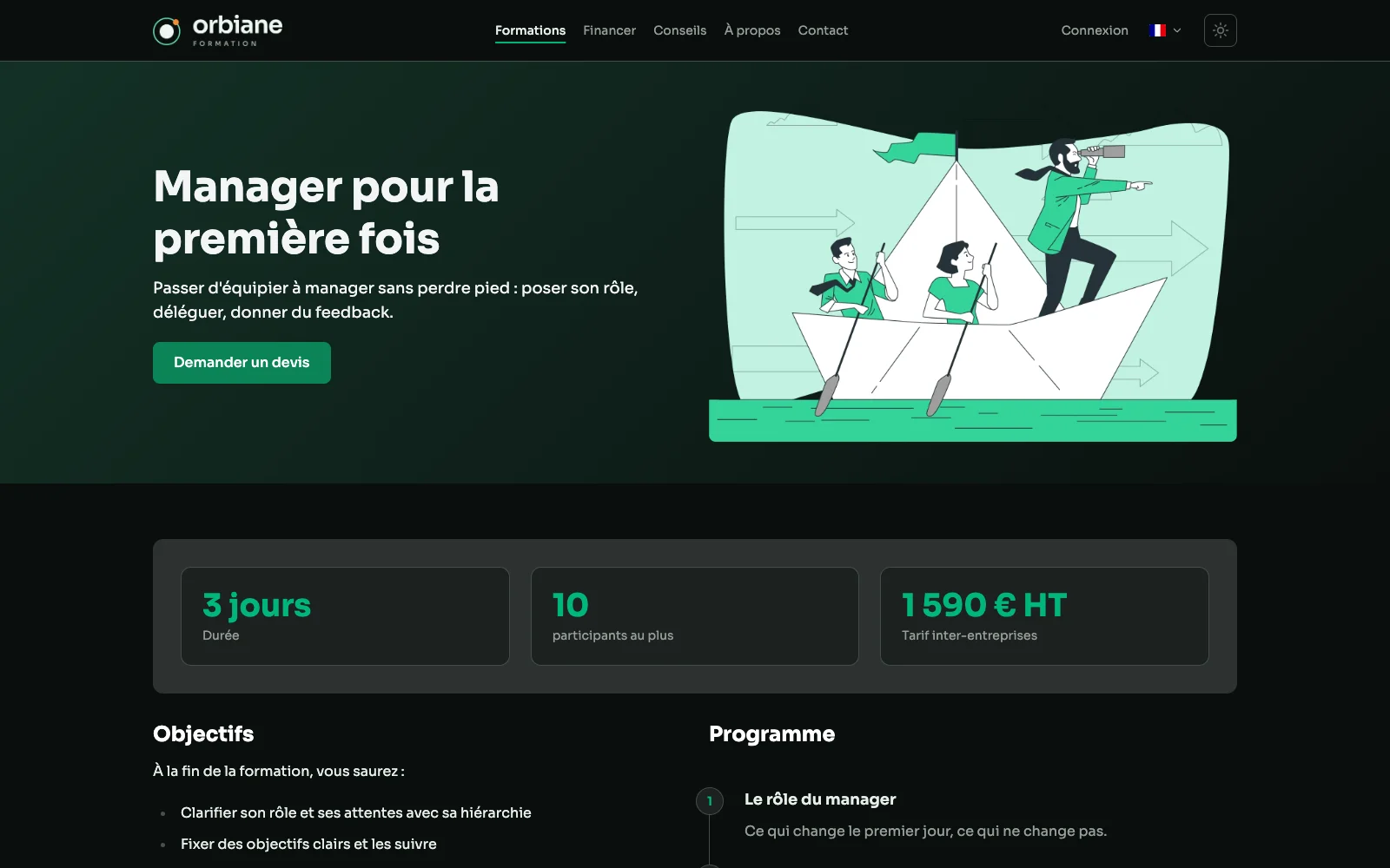 Une page de formation : l'accroche, puis image et texte en alternance.