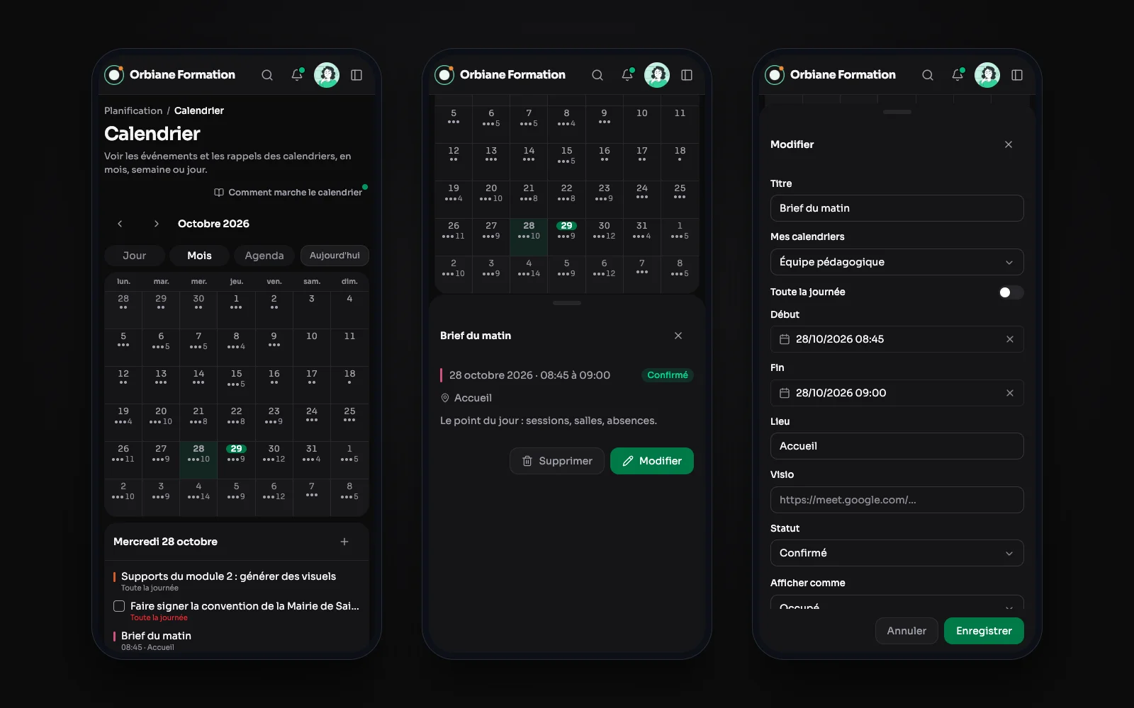 Trois écrans de téléphone : le mois et la journée du 15, un événement touché et sa feuille, puis son formulaire de modification.