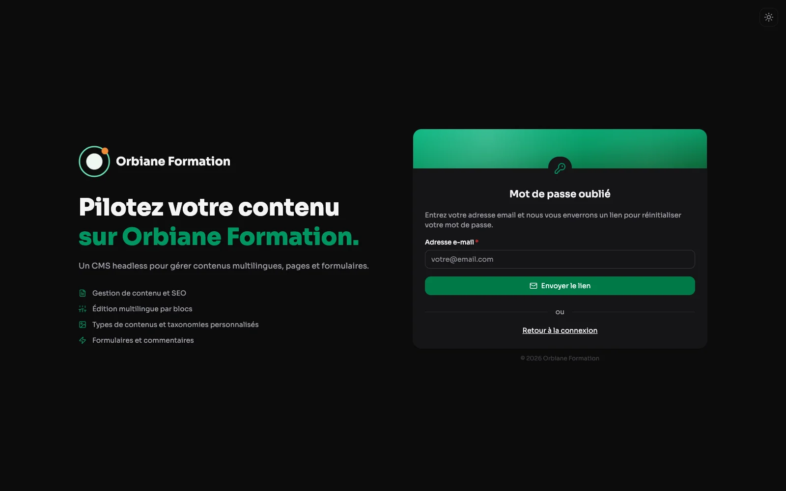La page « Mot de passe oublié » : une adresse e-mail et le bouton qui envoie le lien.