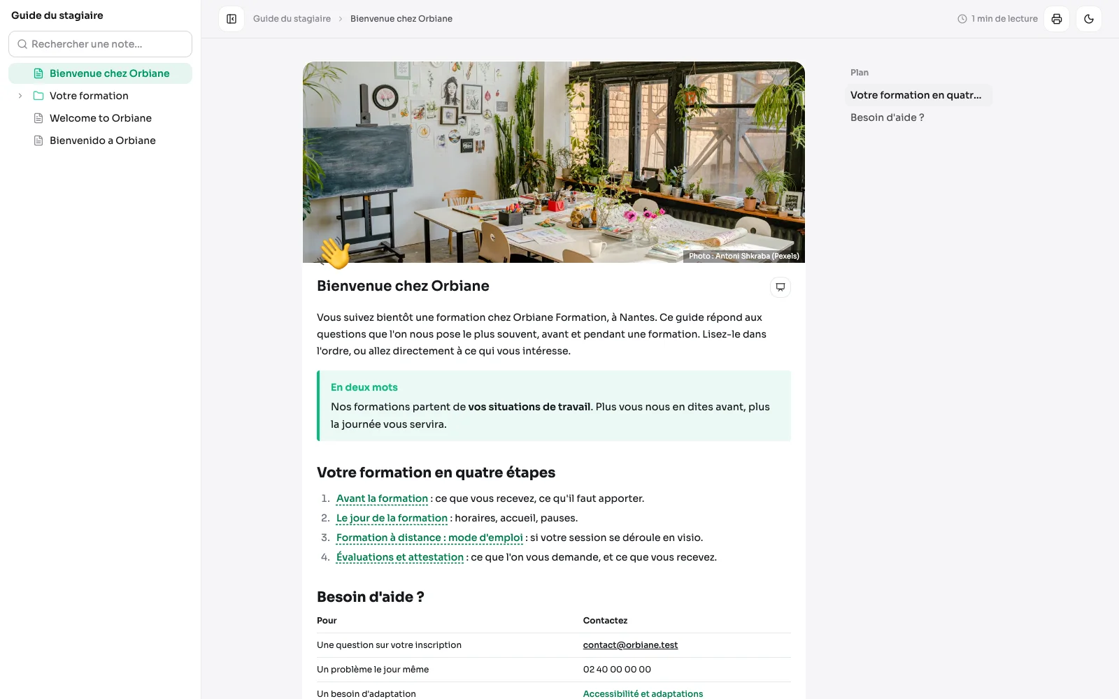 Un espace publié, lu sans compte : son arborescence à gauche, la note au centre.