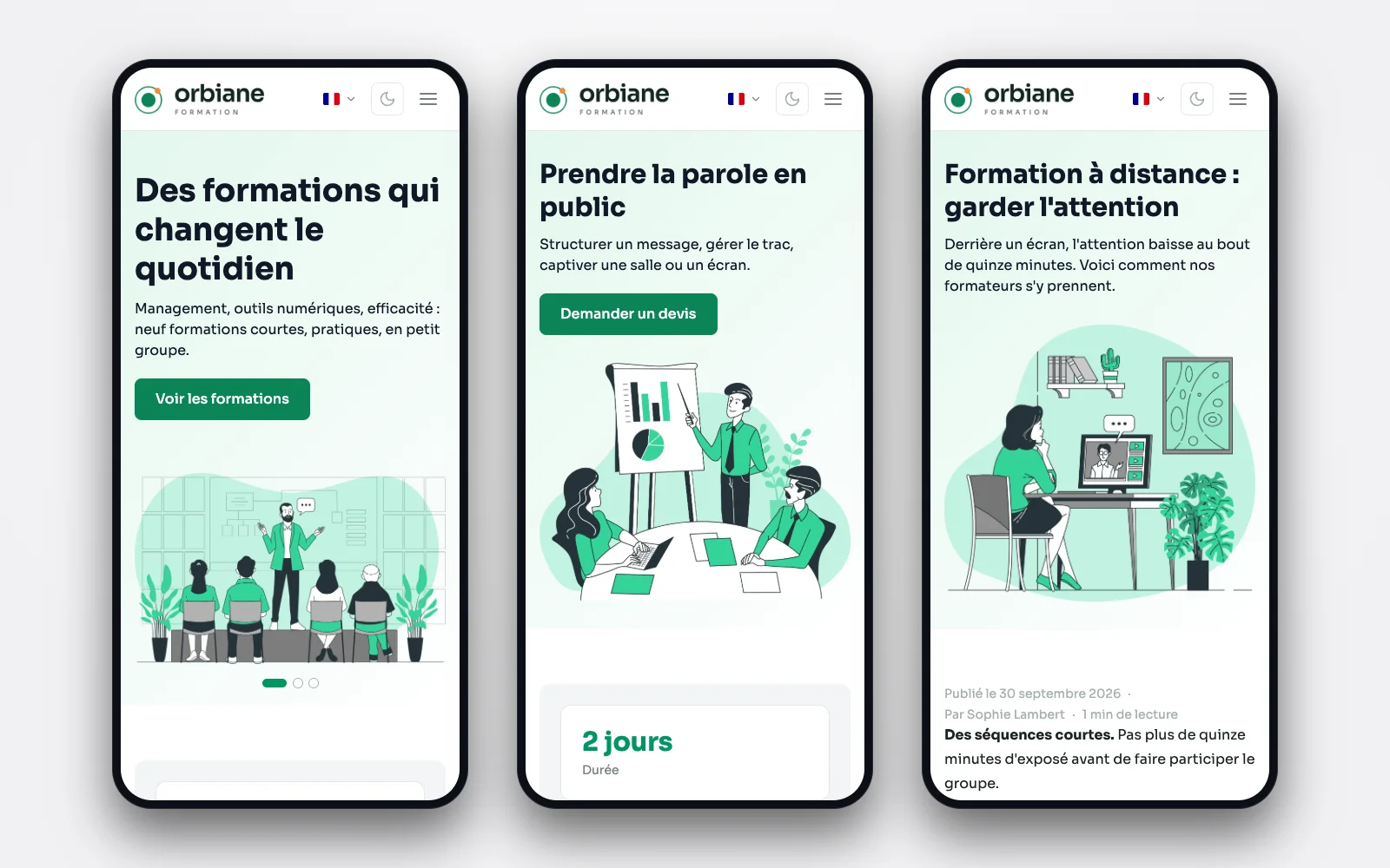 Trois pages du site sur téléphone, côte à côte : l'accueil, une formation et un conseil.