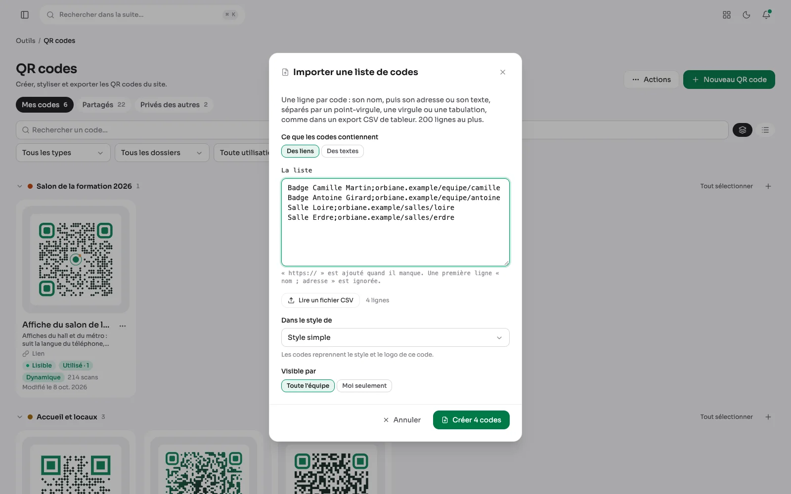 La fenêtre d'import d'une liste de QR codes, quatre lignes collées, au-dessus de la bibliothèque
