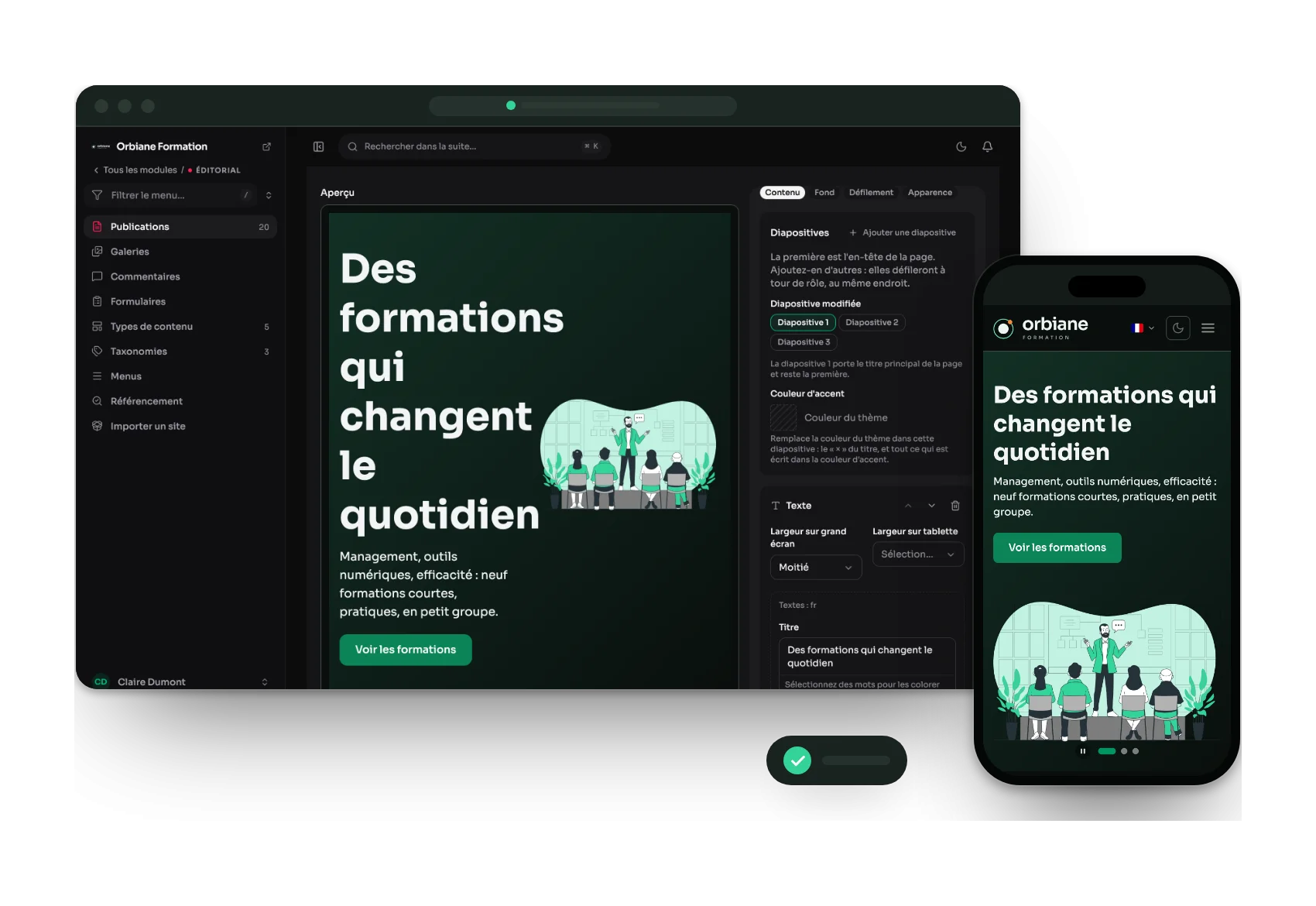 La suite d'Aurora en thème clair, et la même page publiée, sur ordinateur et sur téléphone.