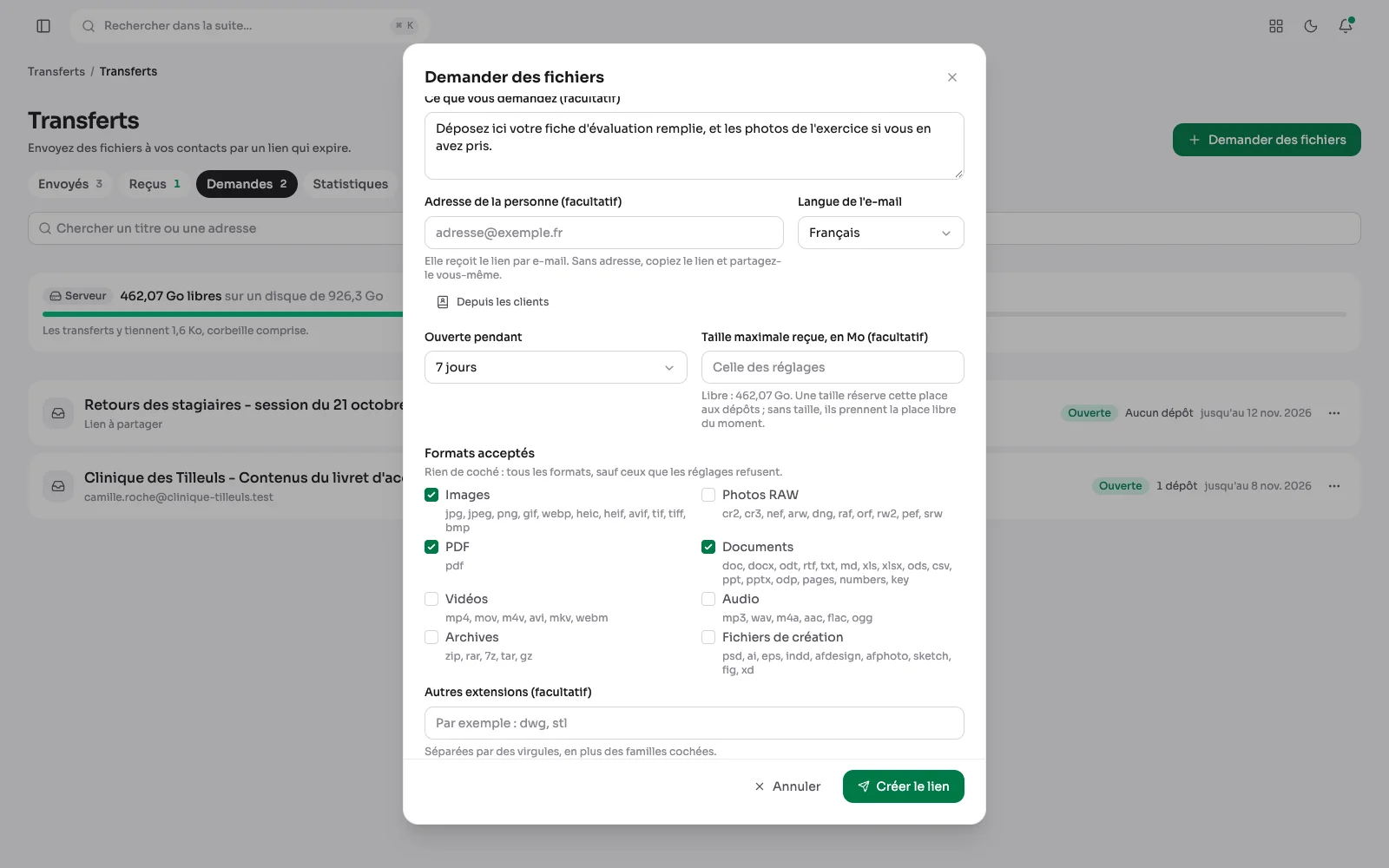 La fenêtre d'une demande de fichiers, avec les familles de formats Images, PDF et Documents cochées.