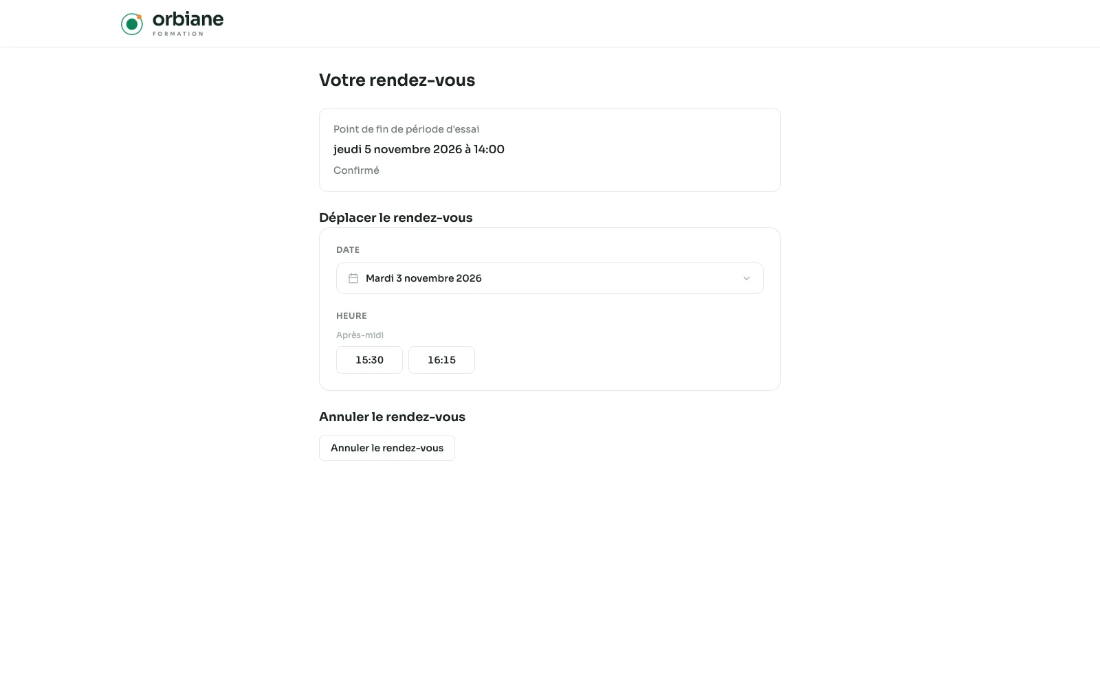 Die Seite „Ihr Termin“ einer Demo-Website: der bestätigte Termin, die Auswahl eines anderen Tages und einer anderen Uhrzeit und die Schaltfläche zum Absagen.