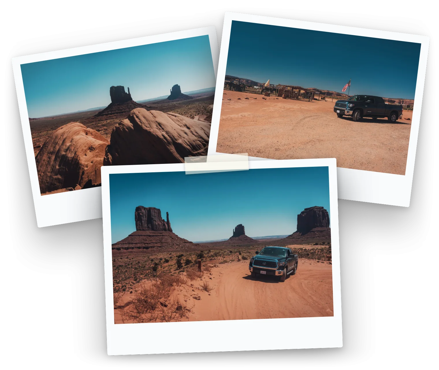 Trois tirages de Monument Valley : les rochers, le pick-up face aux Mittens, et devant le comptoir.