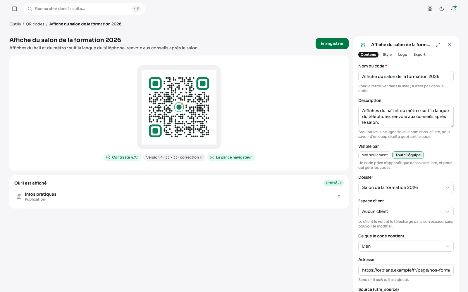 L'éditeur d'un QR code avec sa description sous le titre, et le panneau « Où il est affiché » qui liste la page du site qui l'utilise.