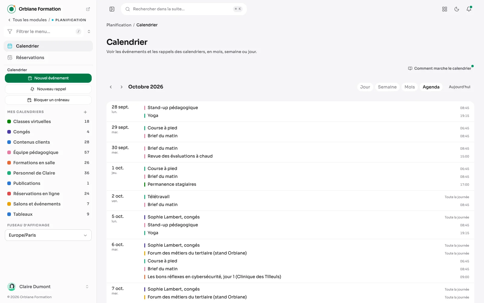 La vue Agenda : les jours à la suite, avec leurs événements et leurs rappels.