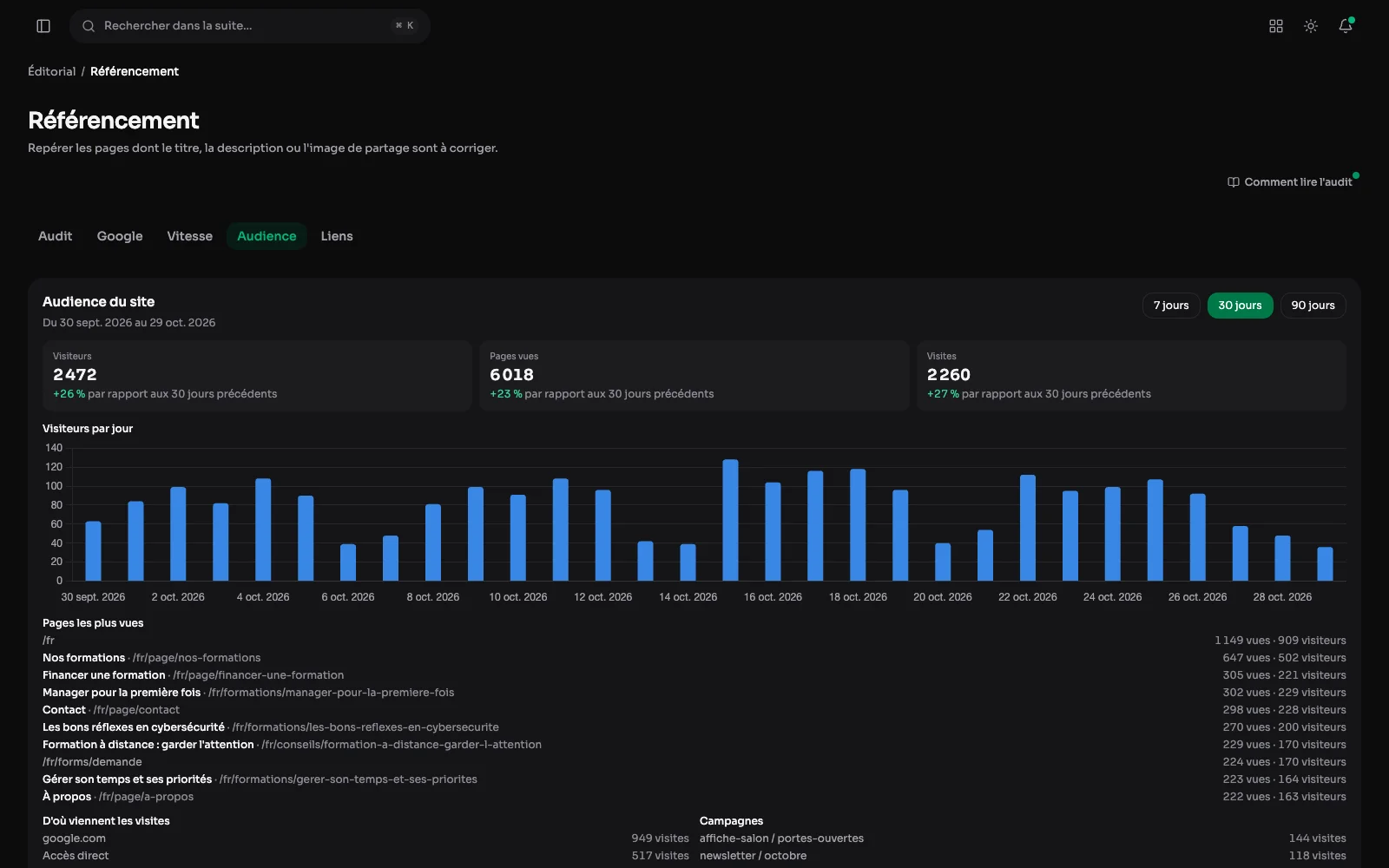 L'onglet Audience de l'écran Référencement : visiteurs, pages vues et visites sur trente jours, les visiteurs par jour, les pages les plus vues et d'où viennent les visites.
