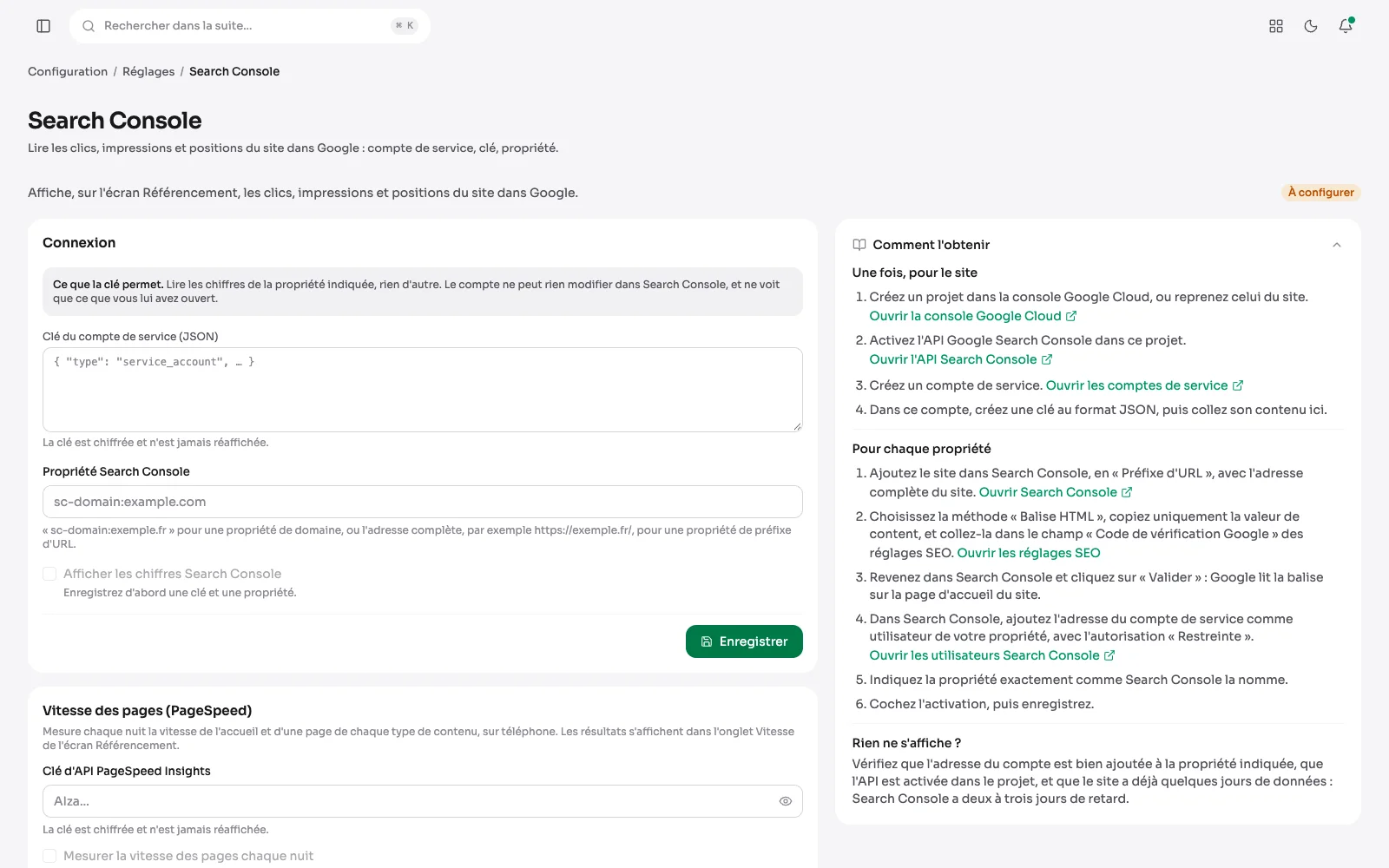 L'onglet Search Console des réglages d'Aurora : la clé du compte de service, la propriété, et le guide pour le site puis pour chaque propriété.