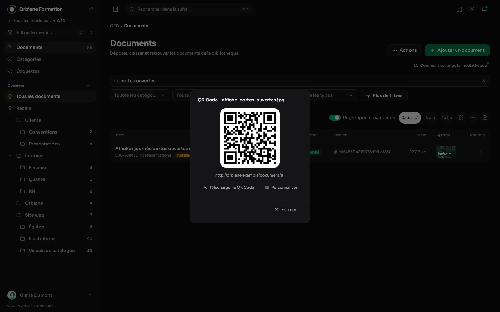 La fenêtre QR code d'un document de la médiathèque, avec le bouton Personnaliser