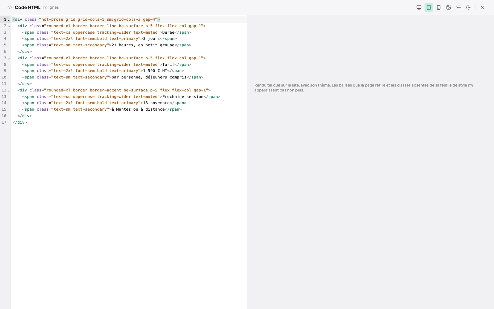 L'éditeur HTML en plein écran : le code de la fiche de session à gauche, son rendu en trois cartes à droite.