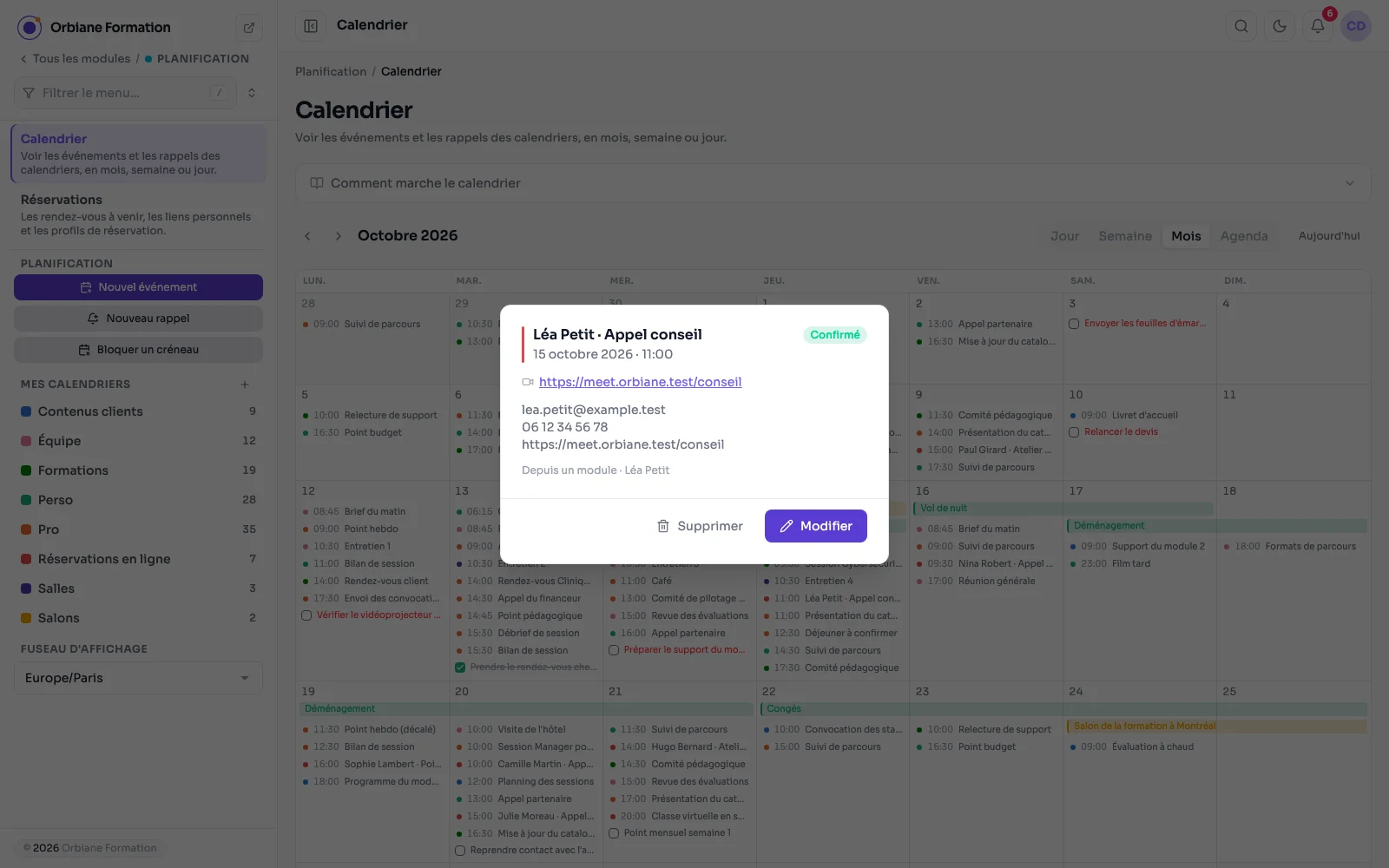 Una cita abierta en el calendario: la persona, sus datos y el enlace de la videollamada, clicable.
