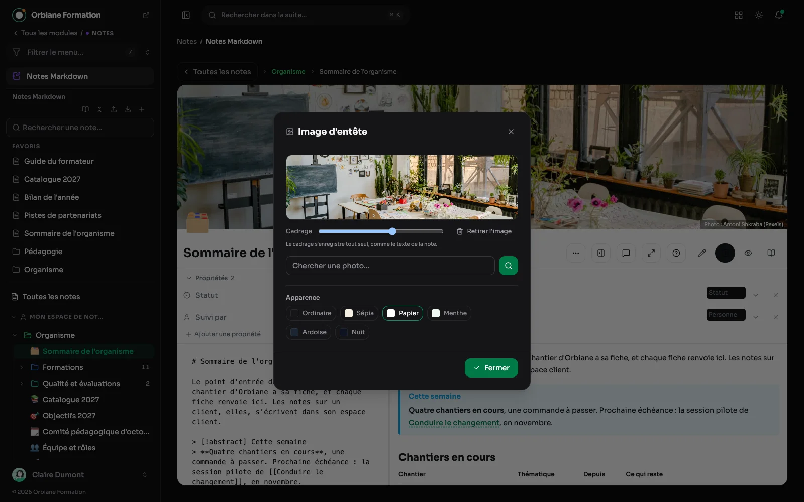 L'habillage d'une note : l'image d'en-tête cherchée chez Pexels, son cadrage réglable, et les six apparences.