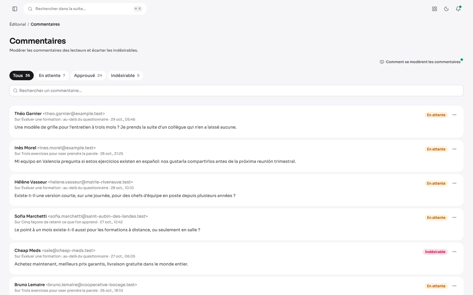 La modération : chaque commentaire est en attente, approuvé ou indésirable, et rien ne paraît sans passer par là.