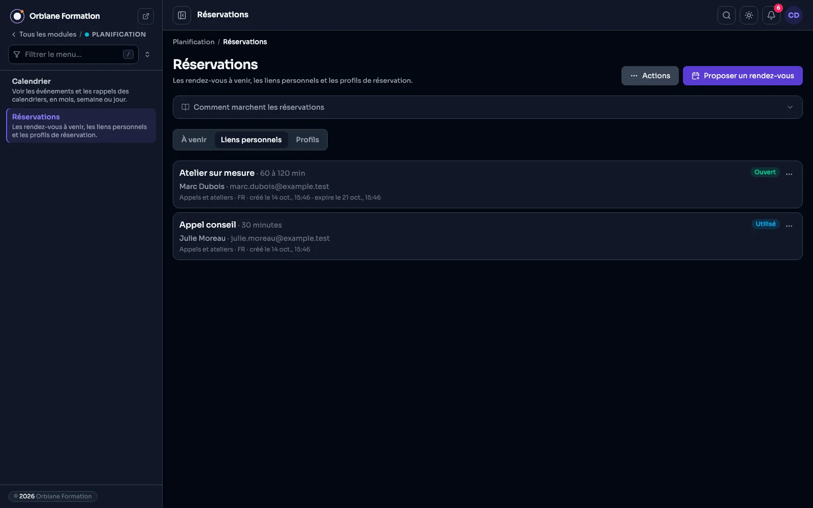 Los enlaces personales enviados: uno abierto, a la espera de su persona, el otro ya usado.