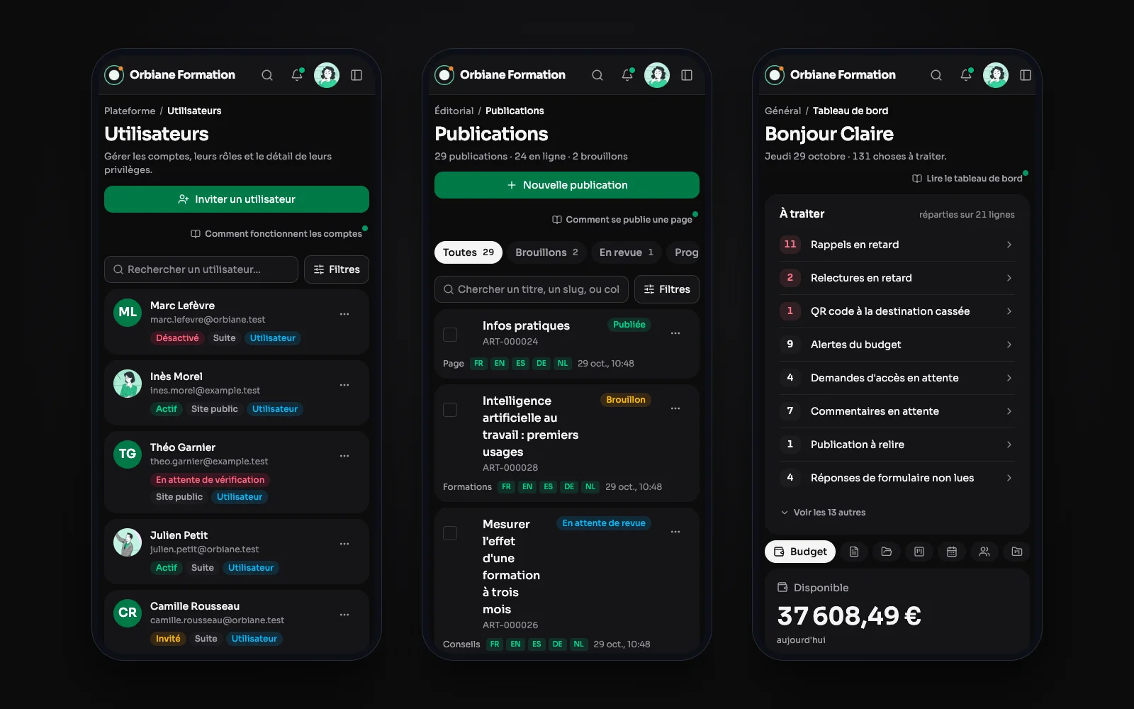 Drei Bildschirme der Suite auf dem Smartphone: die Benutzer, die Veröffentlichungen und das Dashboard, als Karten.