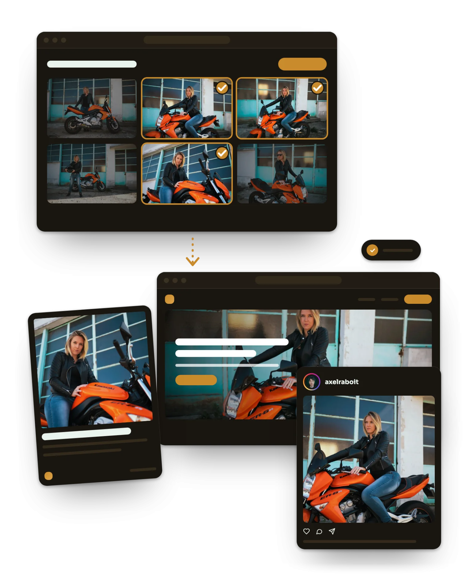 Les photos d’une séance moto triées, et trois prises retenues devenues une affiche, l’en-tête d’un site et une publication Instagram.