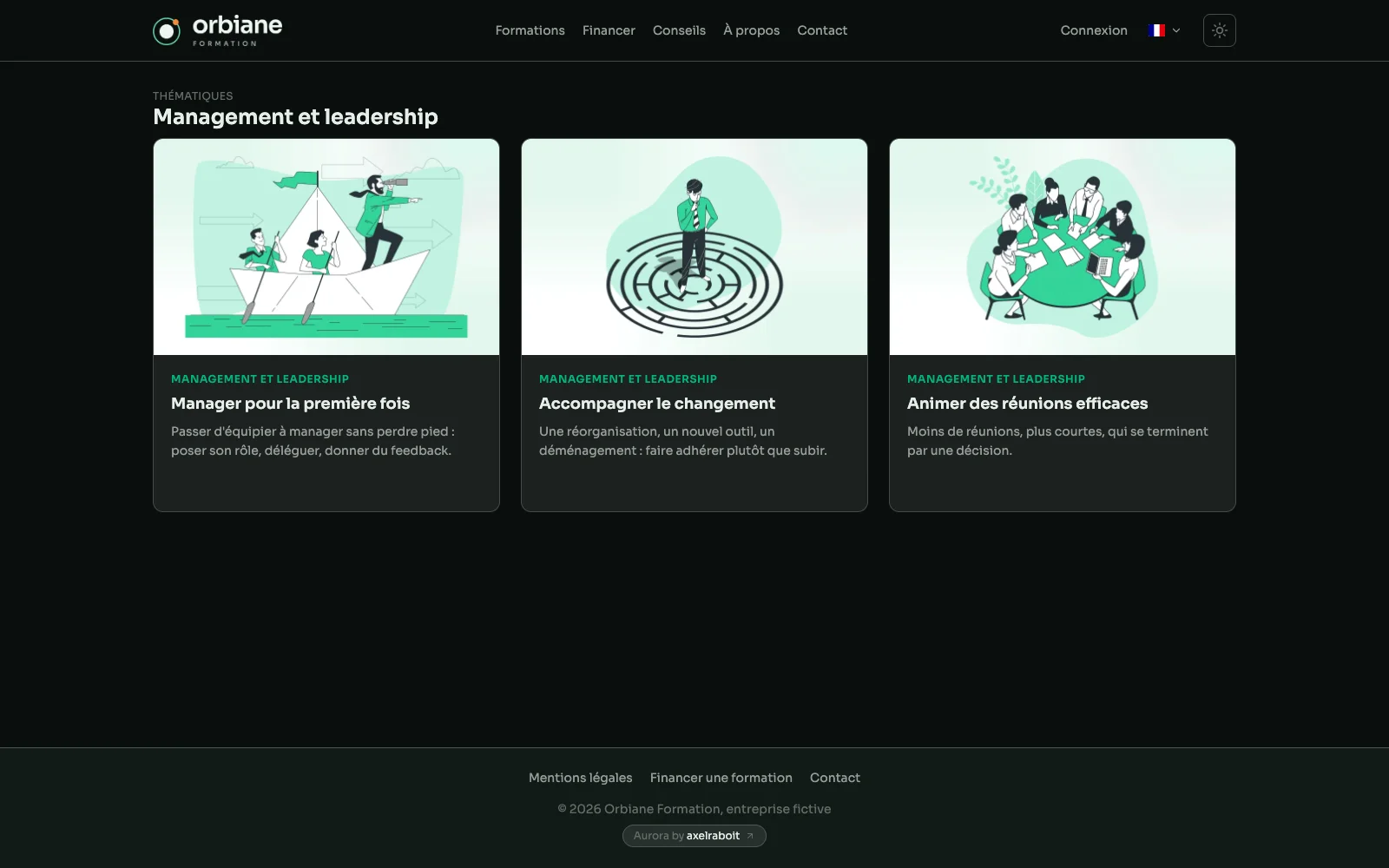 La page d'une thématique sur un site de démonstration : son nom en titre et les trois formations qui la portent, en cartes.