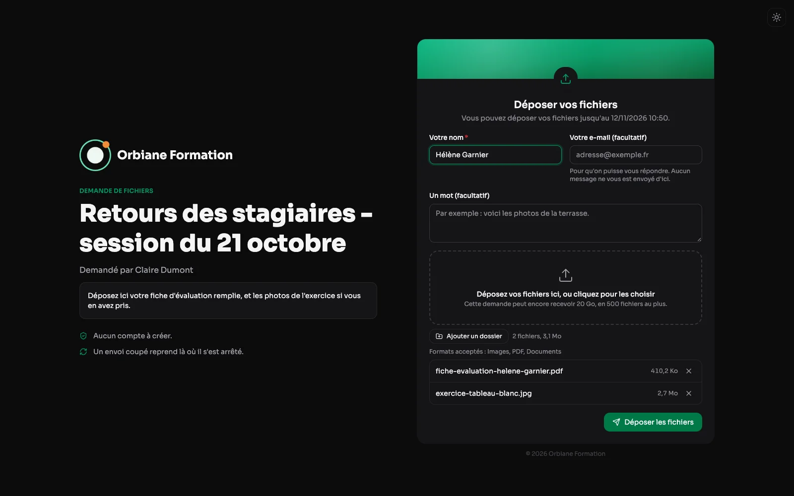 La page publique d'une demande de fichiers : le nom de la personne, deux fichiers choisis et les formats acceptés.
