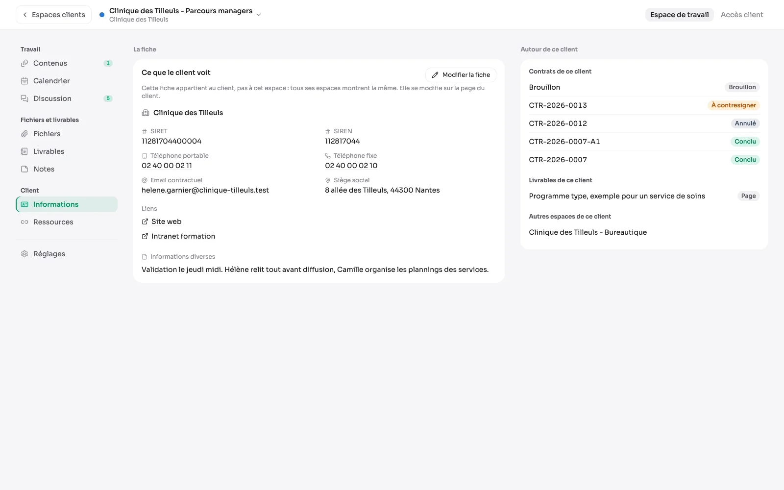 Het tabblad Gegevens van een omgeving: de kaart zoals de klant haar ziet, ‘De kaart bewerken’ dat naar de pagina van de klant leidt, en rechts zijn contracten, zijn deliverables en zijn andere omgevingen.