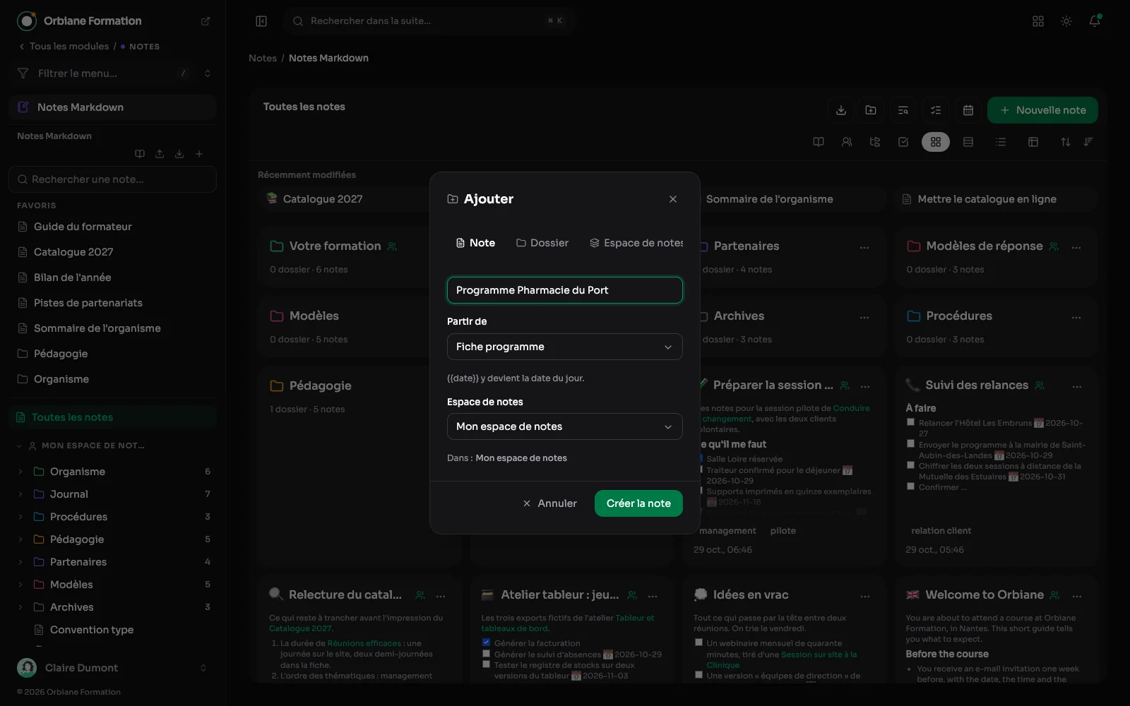 La fenêtre « Ajouter » d'une note, qui part du modèle « Fiche programme » : la note neuve reprend son texte, et la date du jour y remplace le repère prévu.