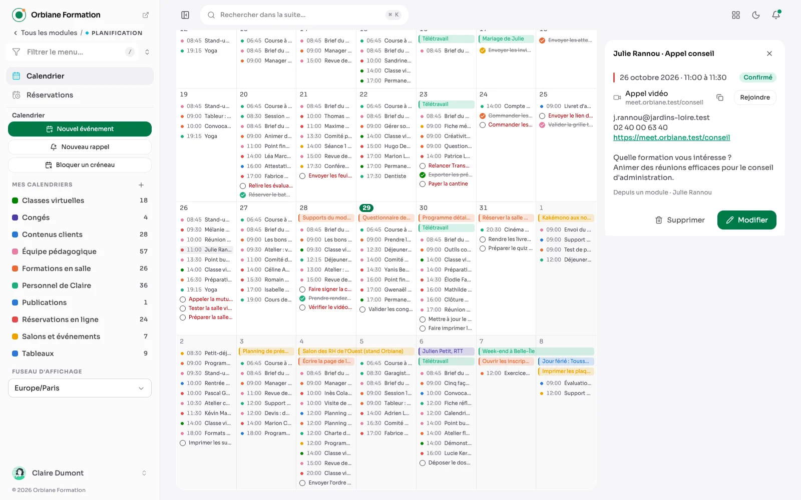 Un rendez-vous ouvert dans le calendrier : la personne, ses coordonnées et le lien de la visio, cliquable.