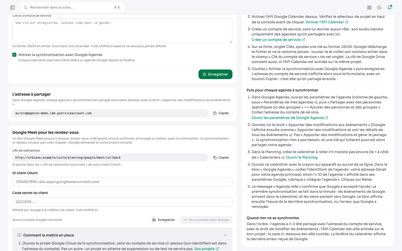 L'onglet Google Agenda de la configuration, activé : la clé du compte de service enregistrée, l'adresse à partager avec son bouton Copier, et le pas-à-pas de la mise en route, une fois pour le site puis pour chaque agenda.