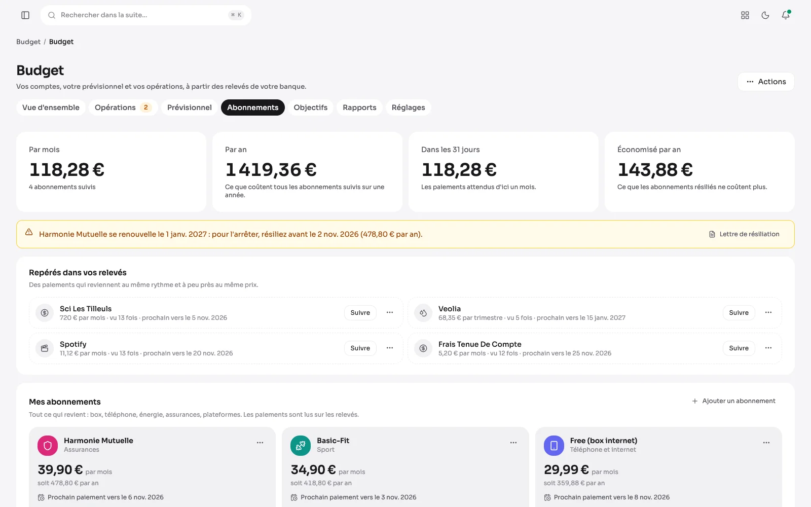 L'onglet Abonnements : 118,28 € par mois et 1 419,36 € par an, l'avis de renouvellement d'une mutuelle avec sa lettre de résiliation, quatre paiements repérés dans les relevés et les abonnements suivis en cartes.