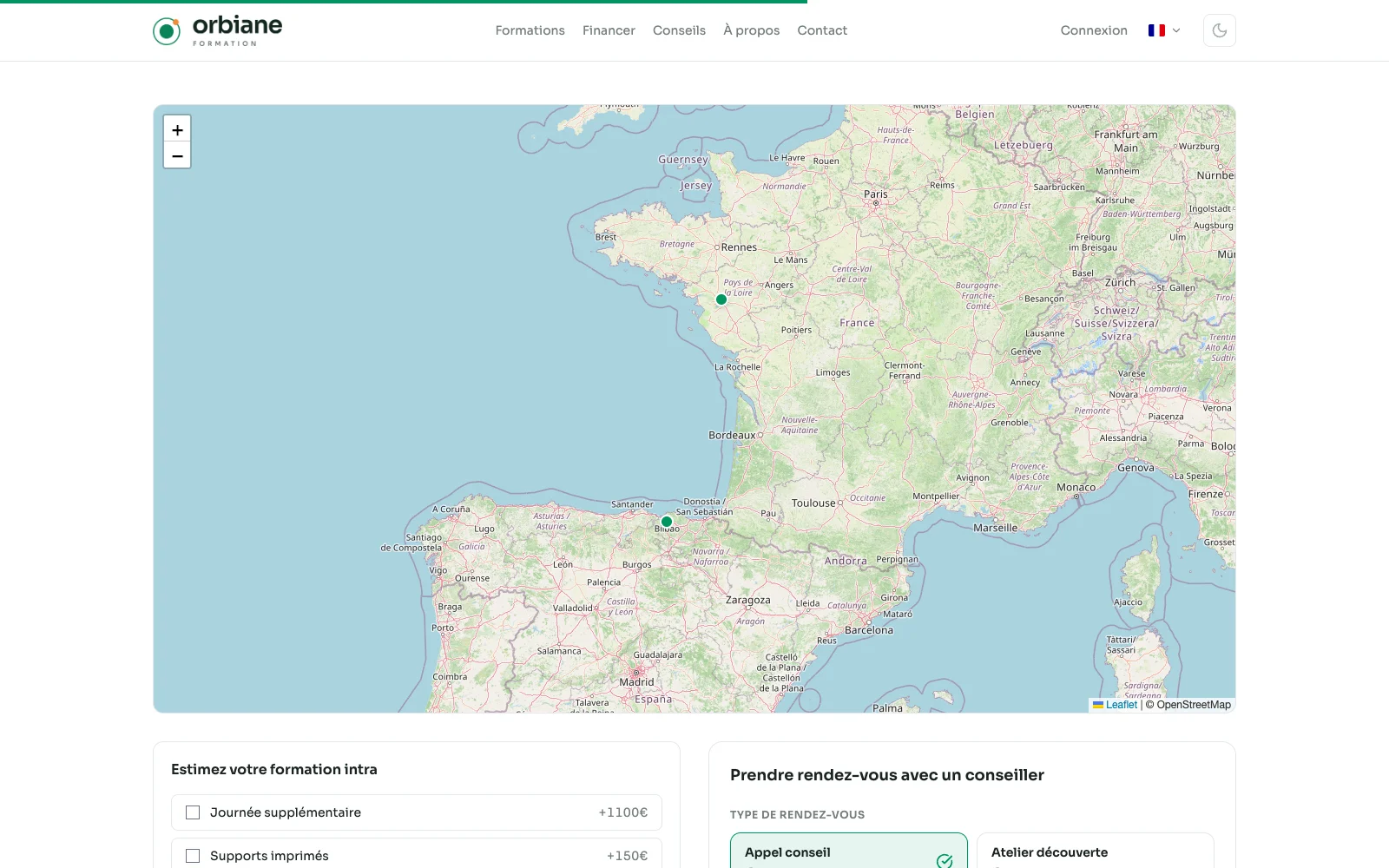 Eine Reisekarte mit ihren Etappen, von Nantes nach Bilbao.