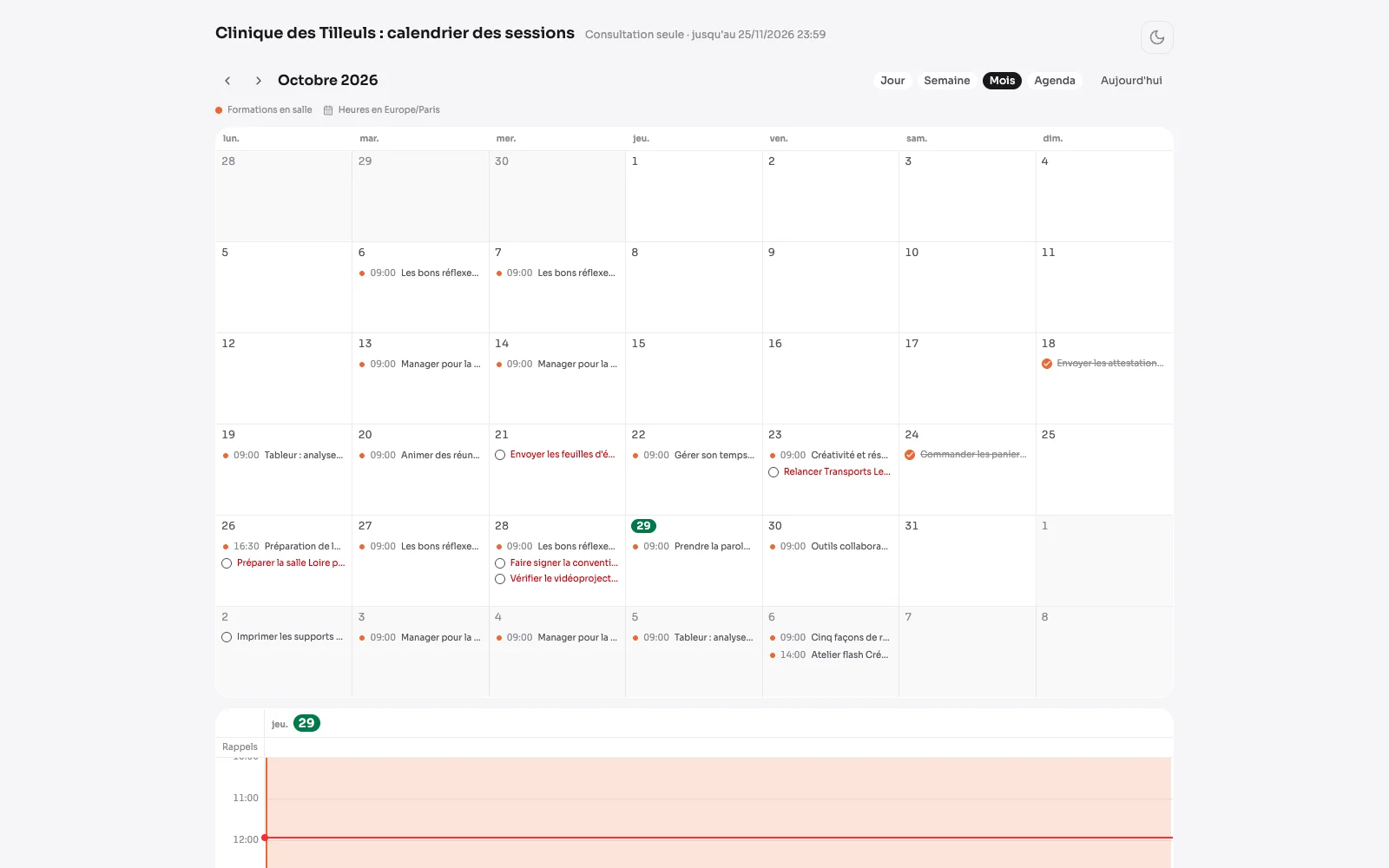 Un agenda partagé ouvert par son lien : le mois, deux agendas en couleurs, consultation seule jusqu'à la date d'expiration.