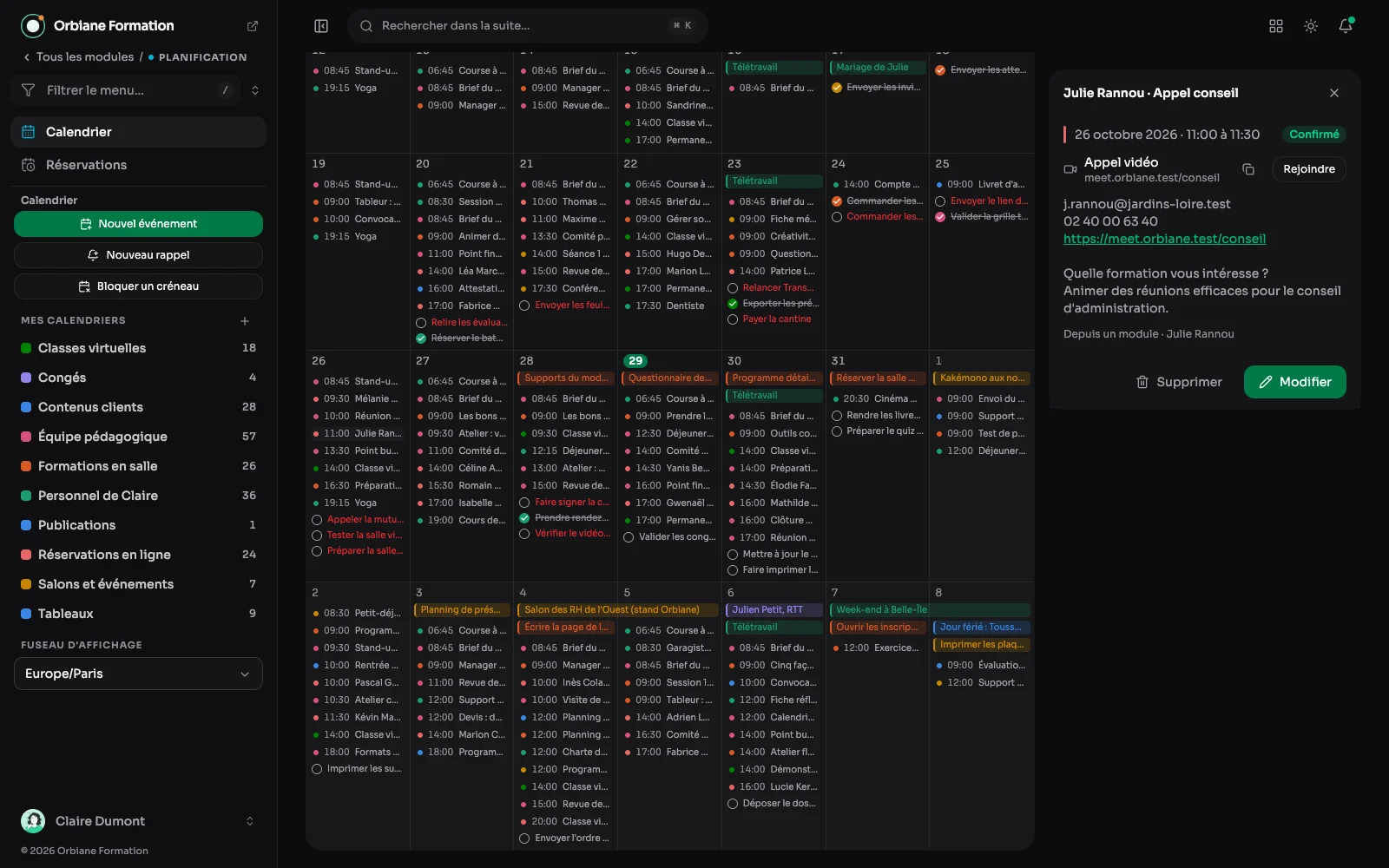 Un rendez-vous ouvert dans le calendrier : la personne, ses coordonnées et le lien de la visio, cliquable.