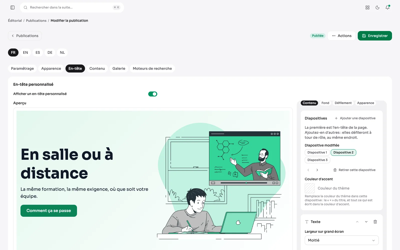 Le carrousel de l'en-tête : l'aperçu de la deuxième diapositive, et à côté le panneau, avec la liste des diapositives et leur couleur d'accent.