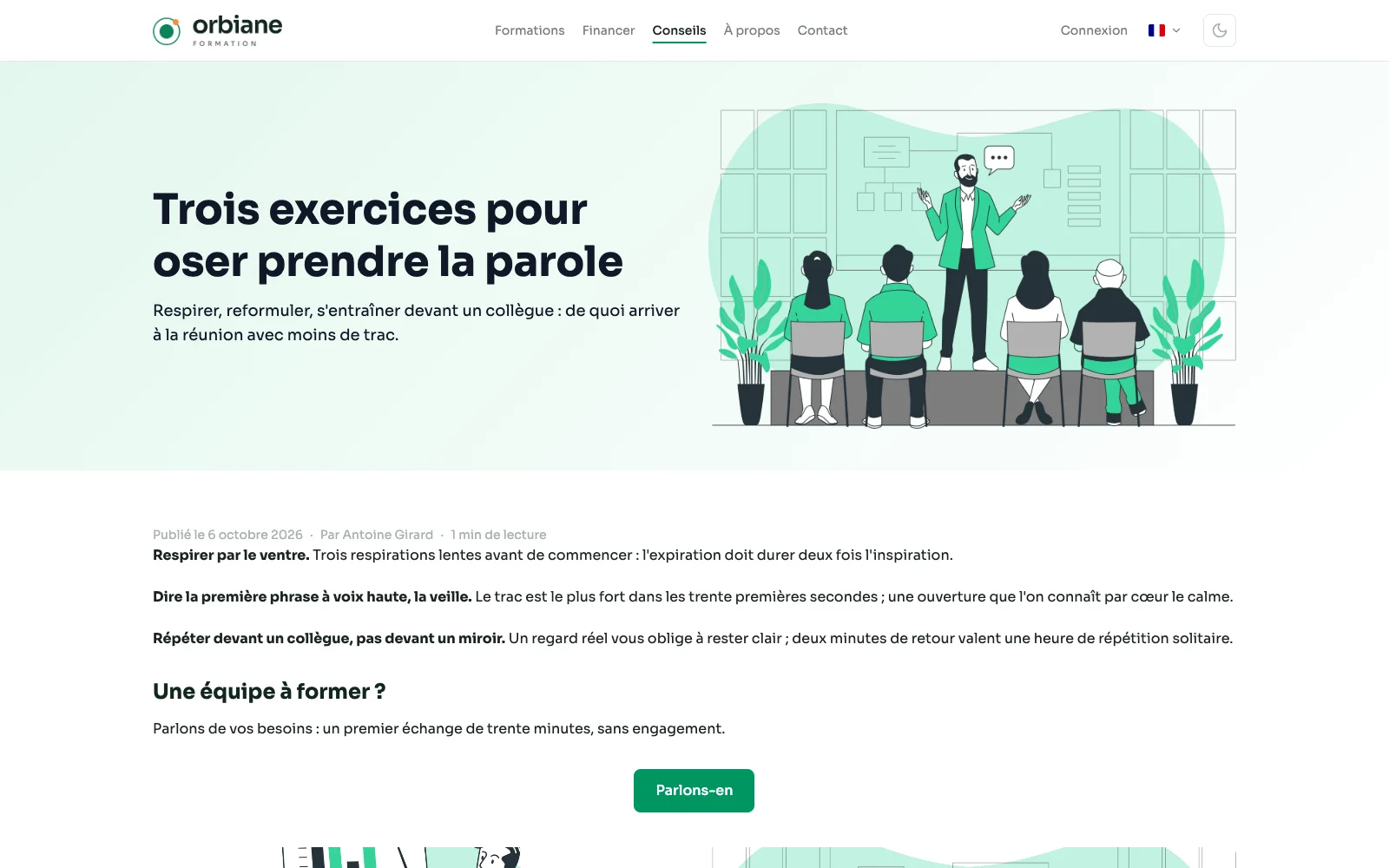 Haut d'un article du blog Orbiane : son en-tête, puis la date de publication, l'auteur et le temps de lecture.